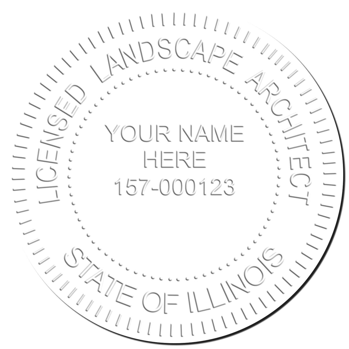 This paper is stamped with a sample imprint of the Soft Pocket Illinois Landscape Architect Embosser, signifying its quality and reliability.