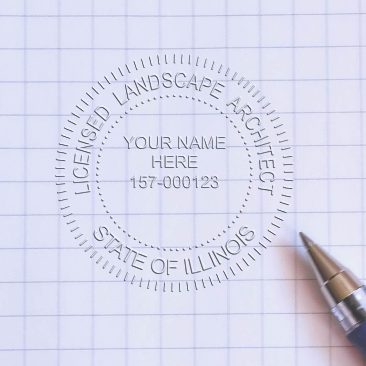 A photograph of the State of Illinois Handheld Landscape Architect Seal stamp impression reveals a vivid, professional image of the on paper.