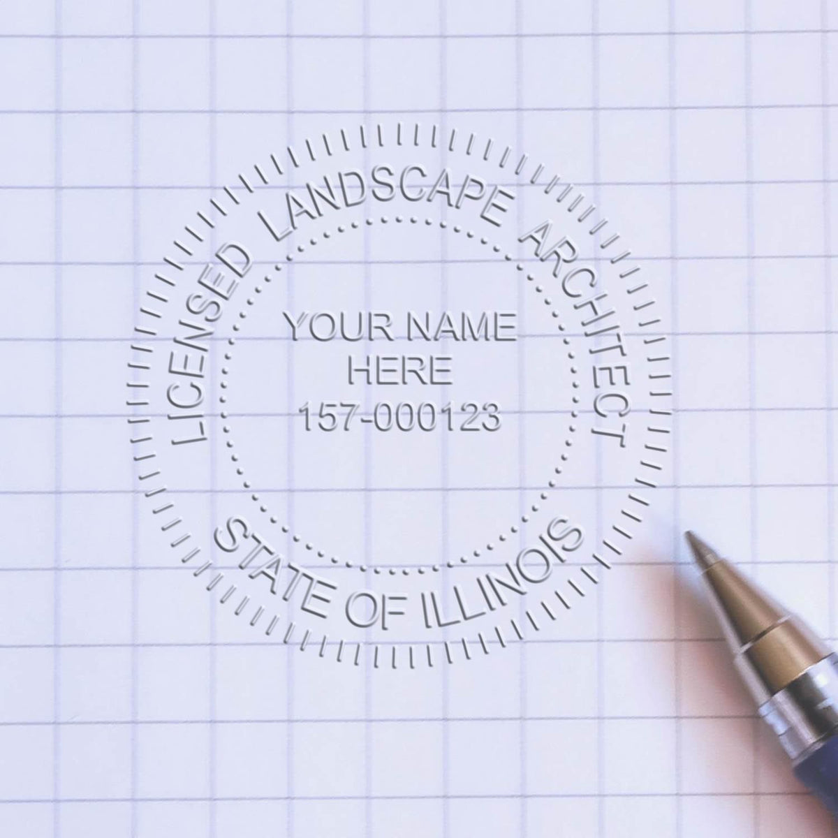 An in use photo of the Hybrid Illinois Landscape Architect Seal showing a sample imprint on a cardstock