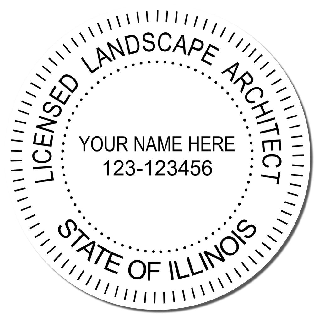 A lifestyle photo showing a stamped image of the Slim Pre-Inked Illinois Landscape Architect Seal Stamp on a piece of paper