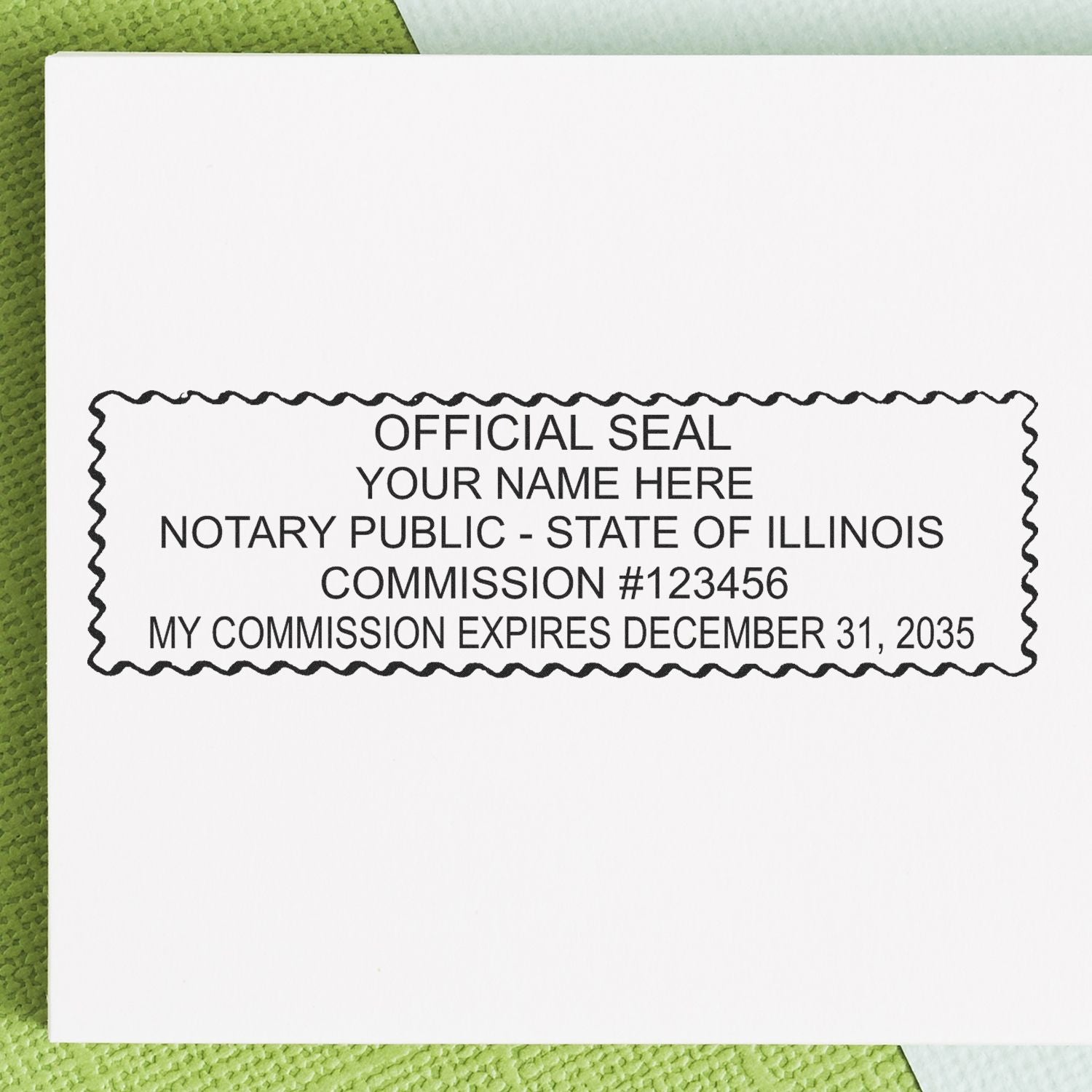 This paper is stamped with a sample imprint of the Slim Pre-Inked Rectangular Notary Stamp for Illinois, signifying its quality and reliability.