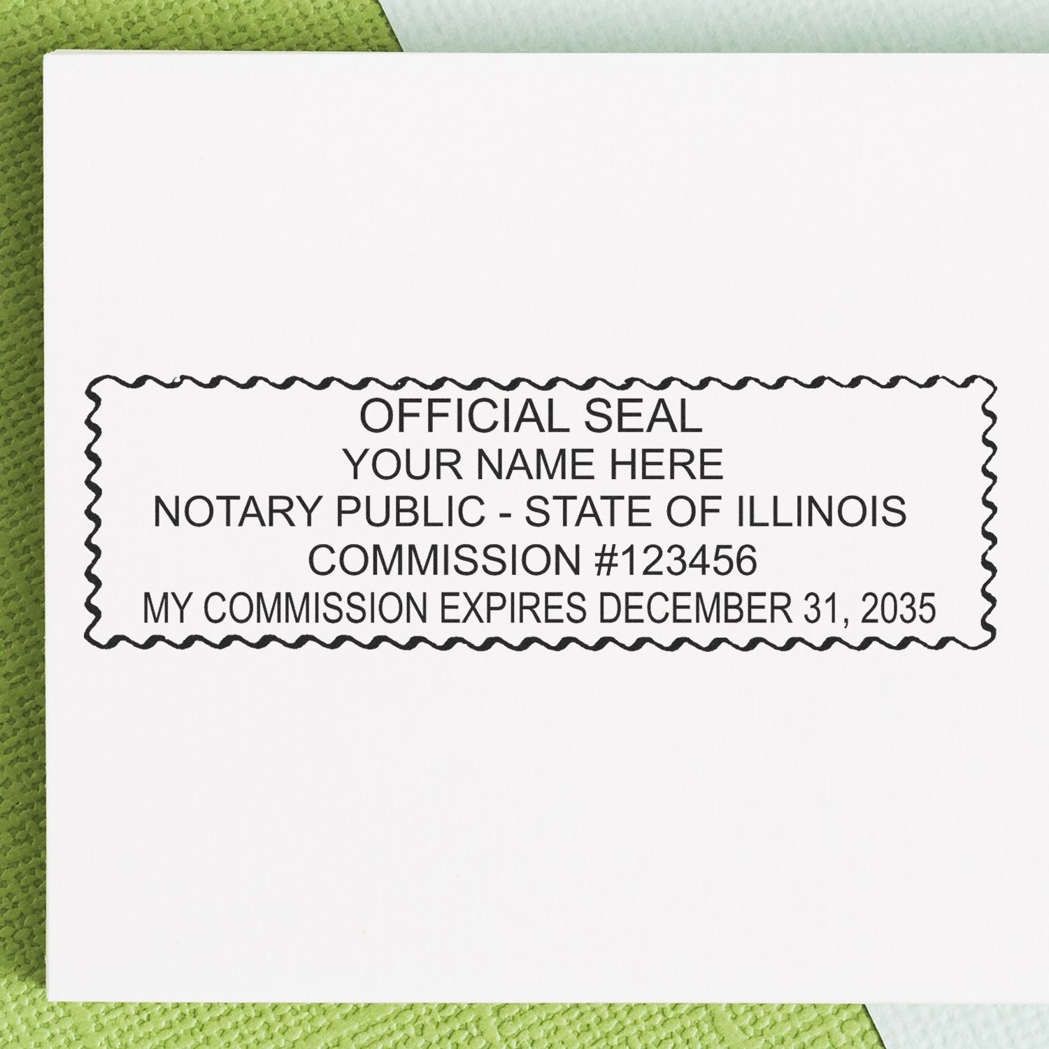 The main image for the Slim Pre-Inked Rectangular Notary Stamp for Illinois depicting a sample of the imprint and electronic files