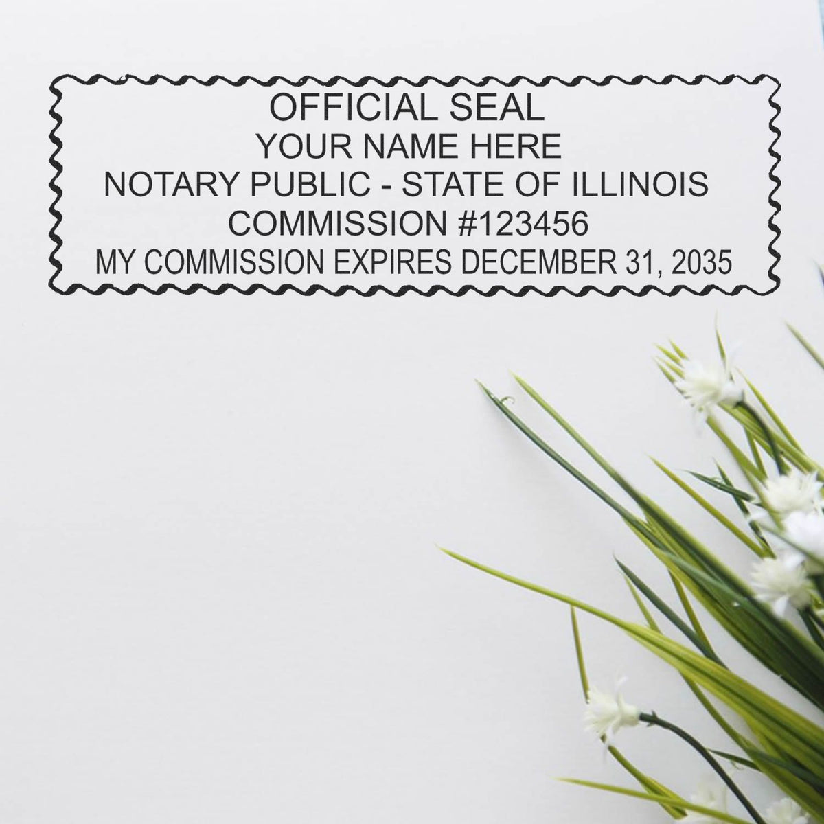 An alternative view of the Slim Pre-Inked Rectangular Notary Stamp for Illinois stamped on a sheet of paper showing the image in use