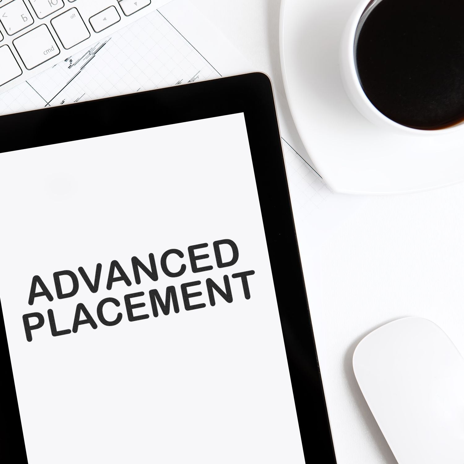 Self Inking Advanced Placement Stamp in use on a white paper, placed on a desk with a keyboard, tablet, and a cup of coffee nearby.