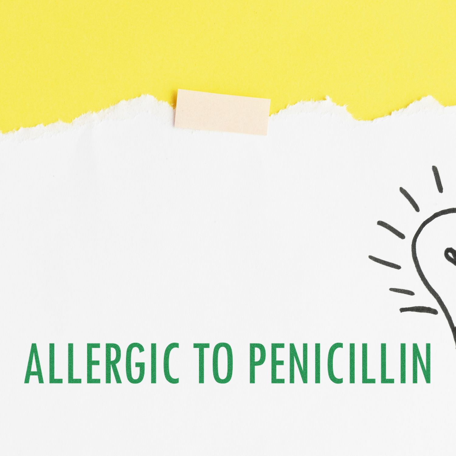 Allergic To Penicillin rubber stamp on white paper with a yellow background and a small piece of tape at the top.