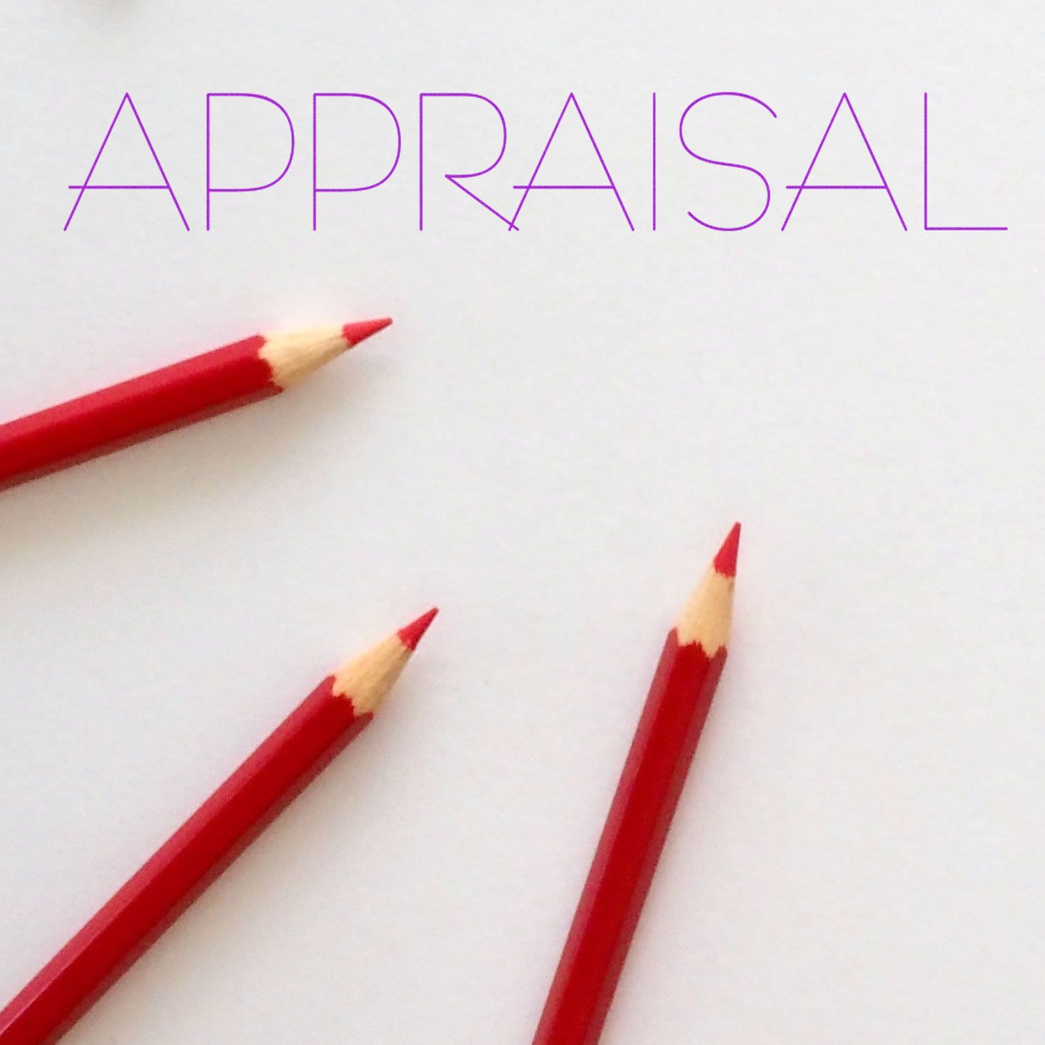 Three red pencils pointing towards the word Appraisal stamped in purple on a white background.