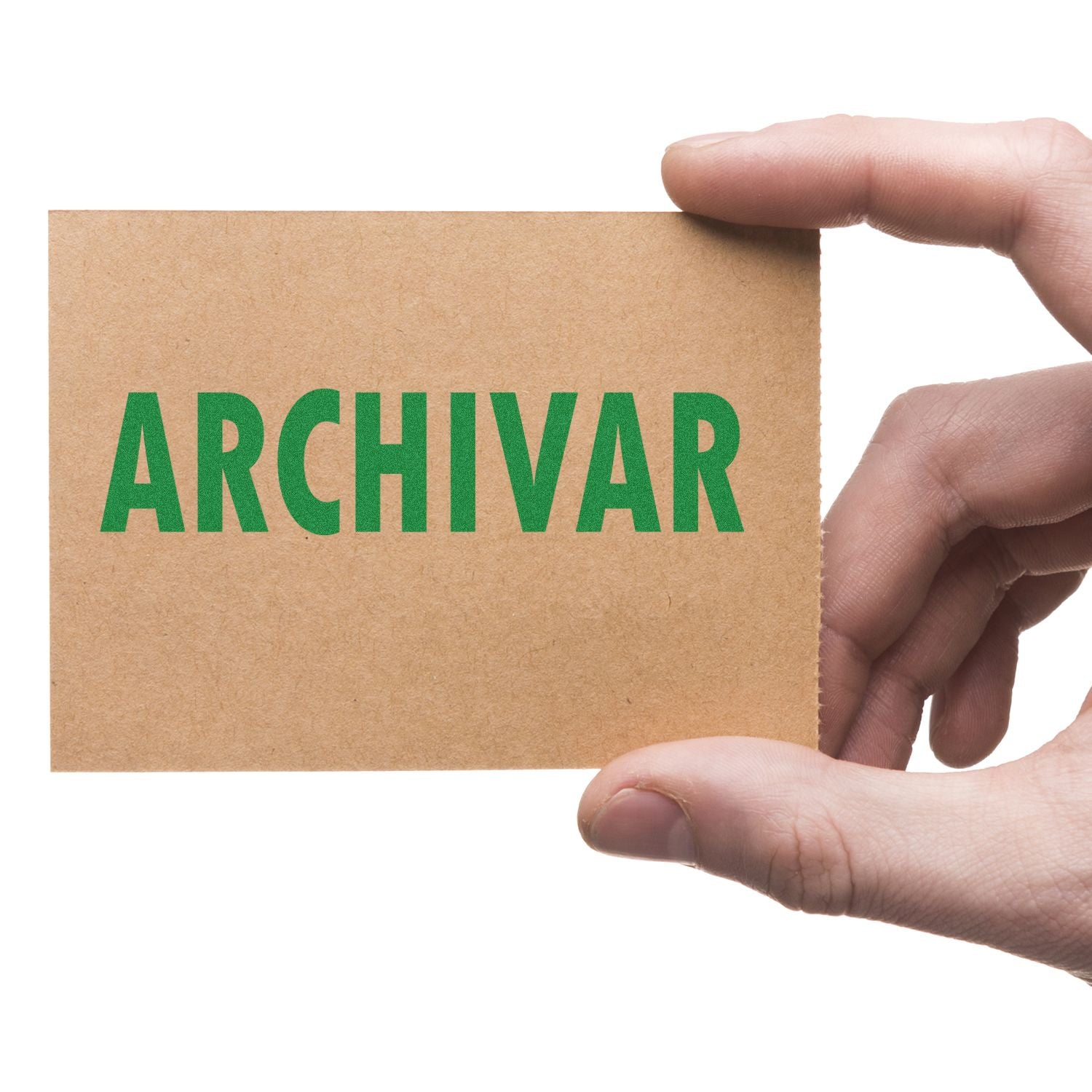 Hand holding a brown card with the word ARCHIVAR stamped in green using an Archivar Rubber Stamp.