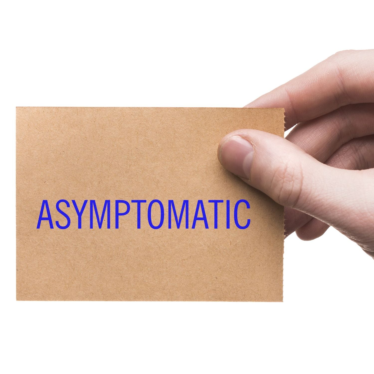 Hand holding a card stamped with ASYMPTOMATIC using a Slim Pre-Inked Asymptomatic Stamp.