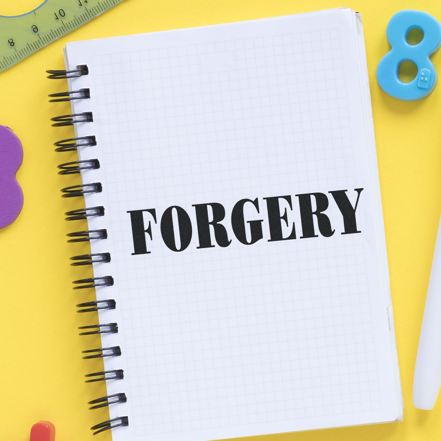 A notebook stamped with FORGERY using the Large Forgery Rubber Stamp, surrounded by colorful stationery on a yellow background.