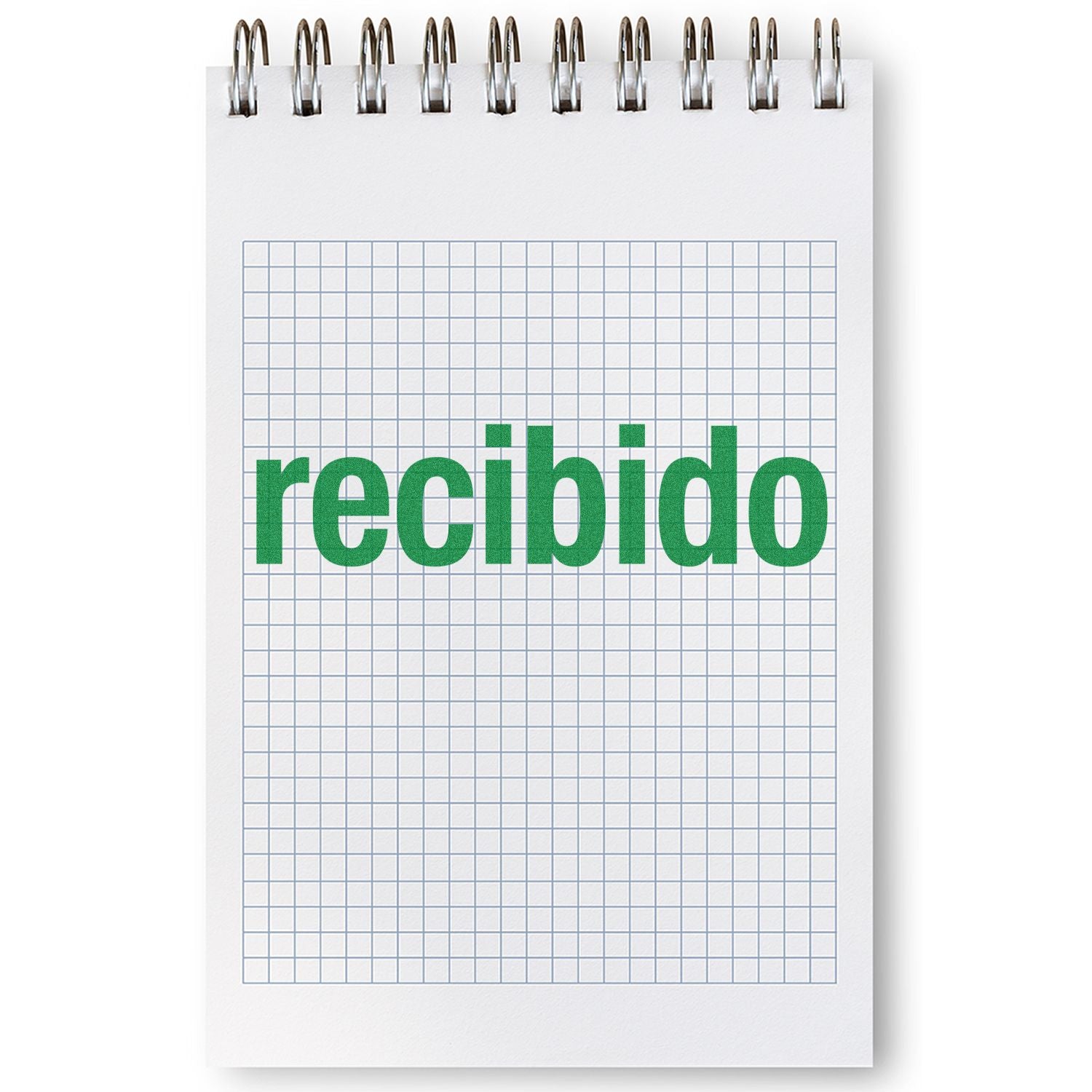 A notebook with a grid pattern page stamped with recibido in green ink using the Bold Recibido Rubber Stamp.