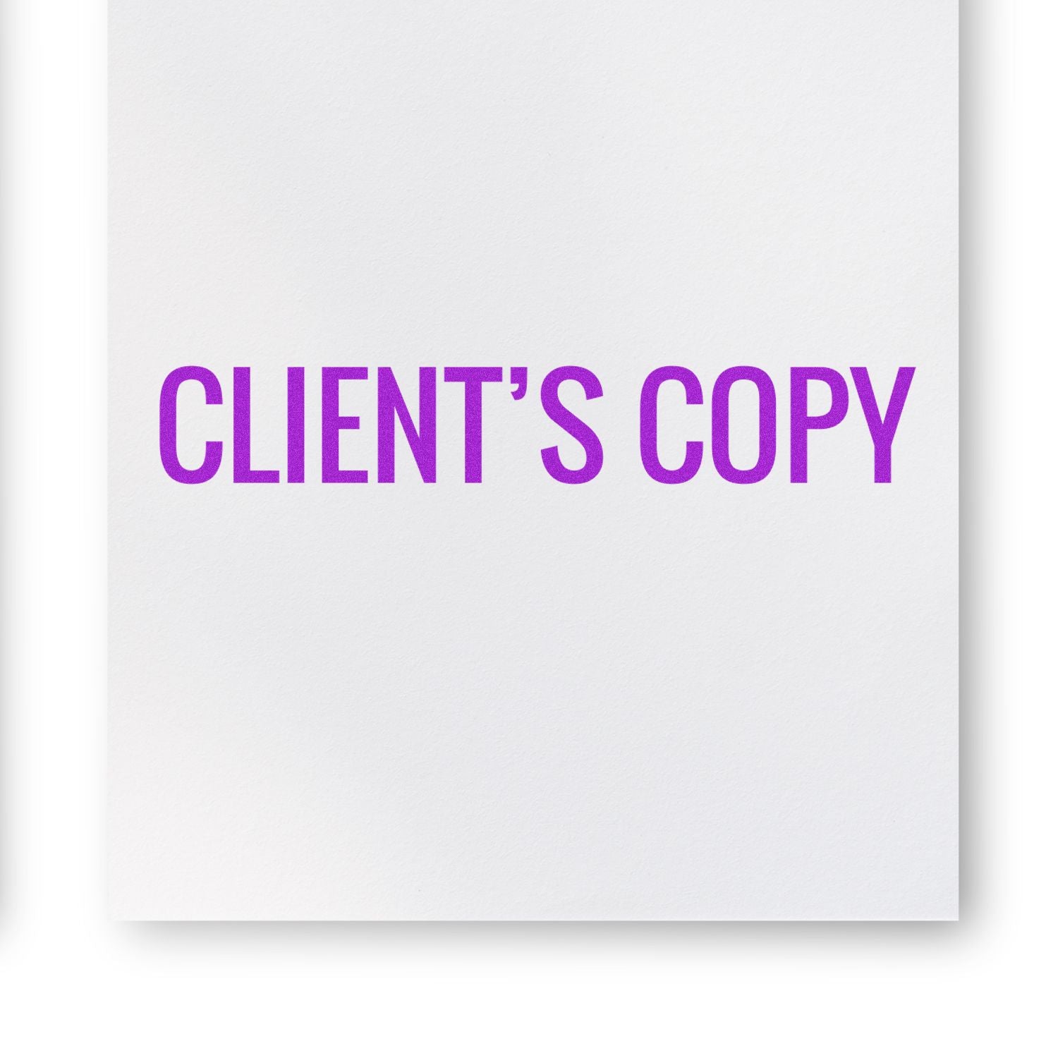 A white paper stamped with CLIENT'S COPY in bold purple letters using the Client's Copy Rubber Stamp.