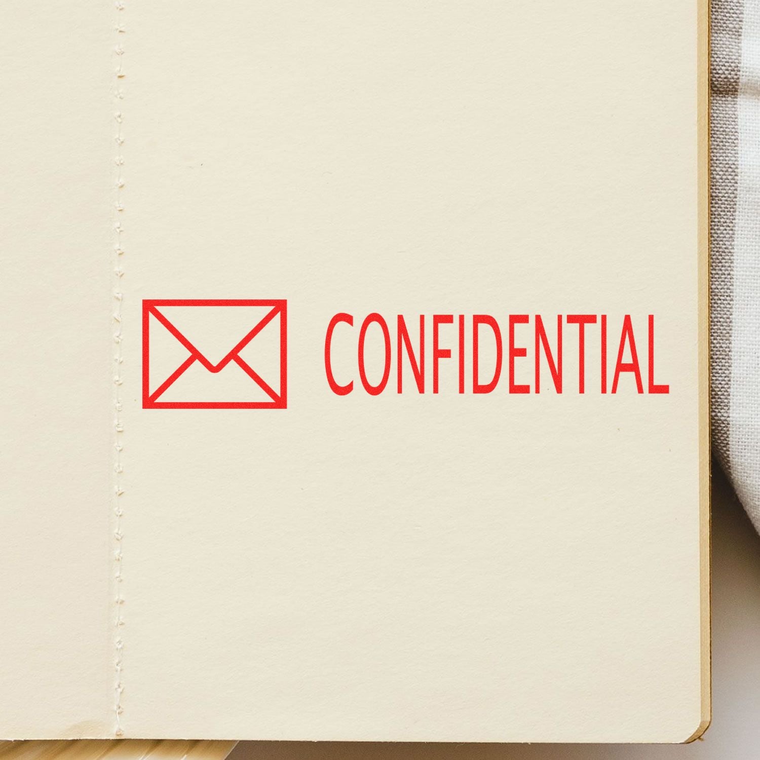 Slim Pre-Inked Confidential with Envelope Stamp in red ink on a beige paper, indicating confidential information.