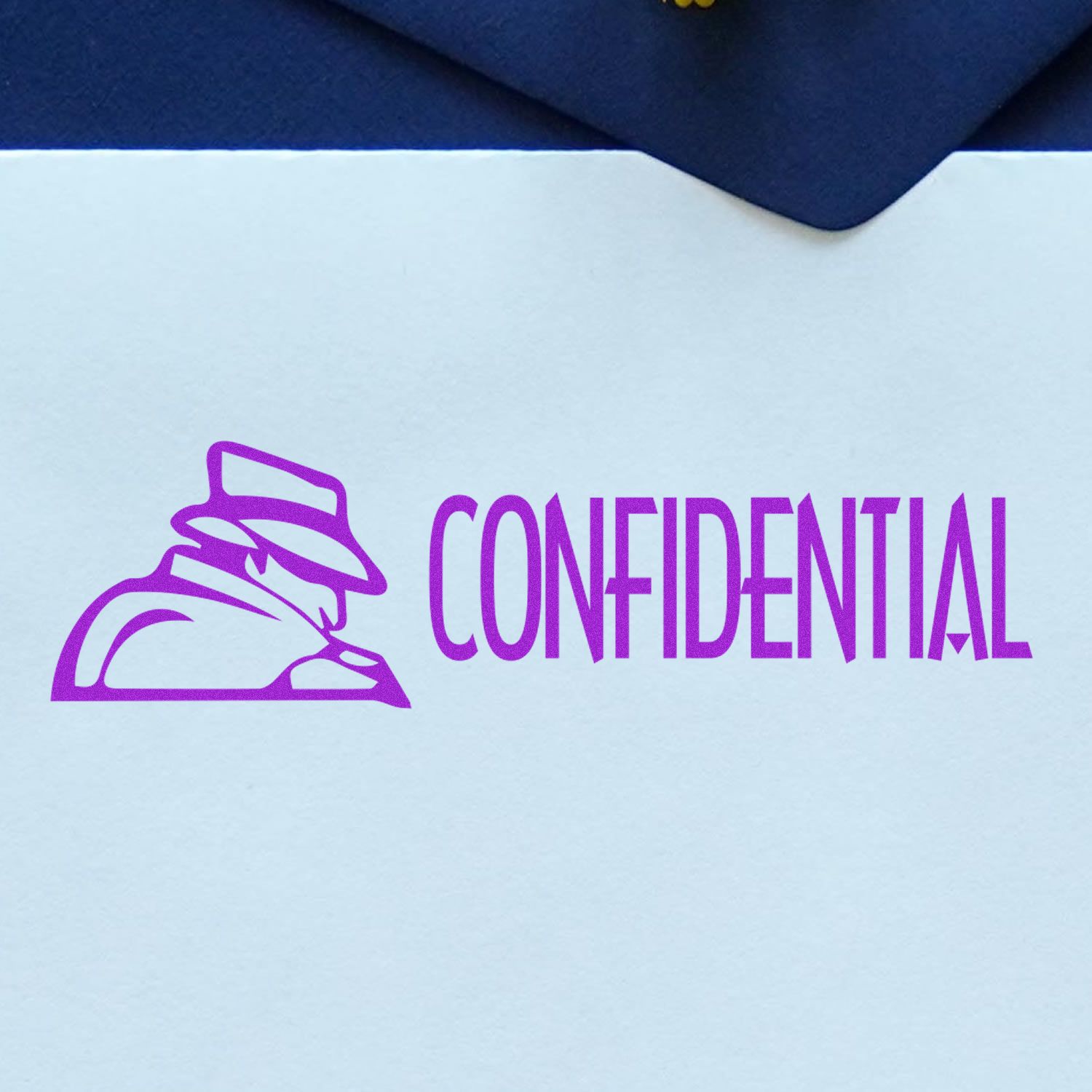 Confidential with Logo Rubber Stamp in purple ink on a white envelope, featuring a silhouette of a person in a hat and coat.