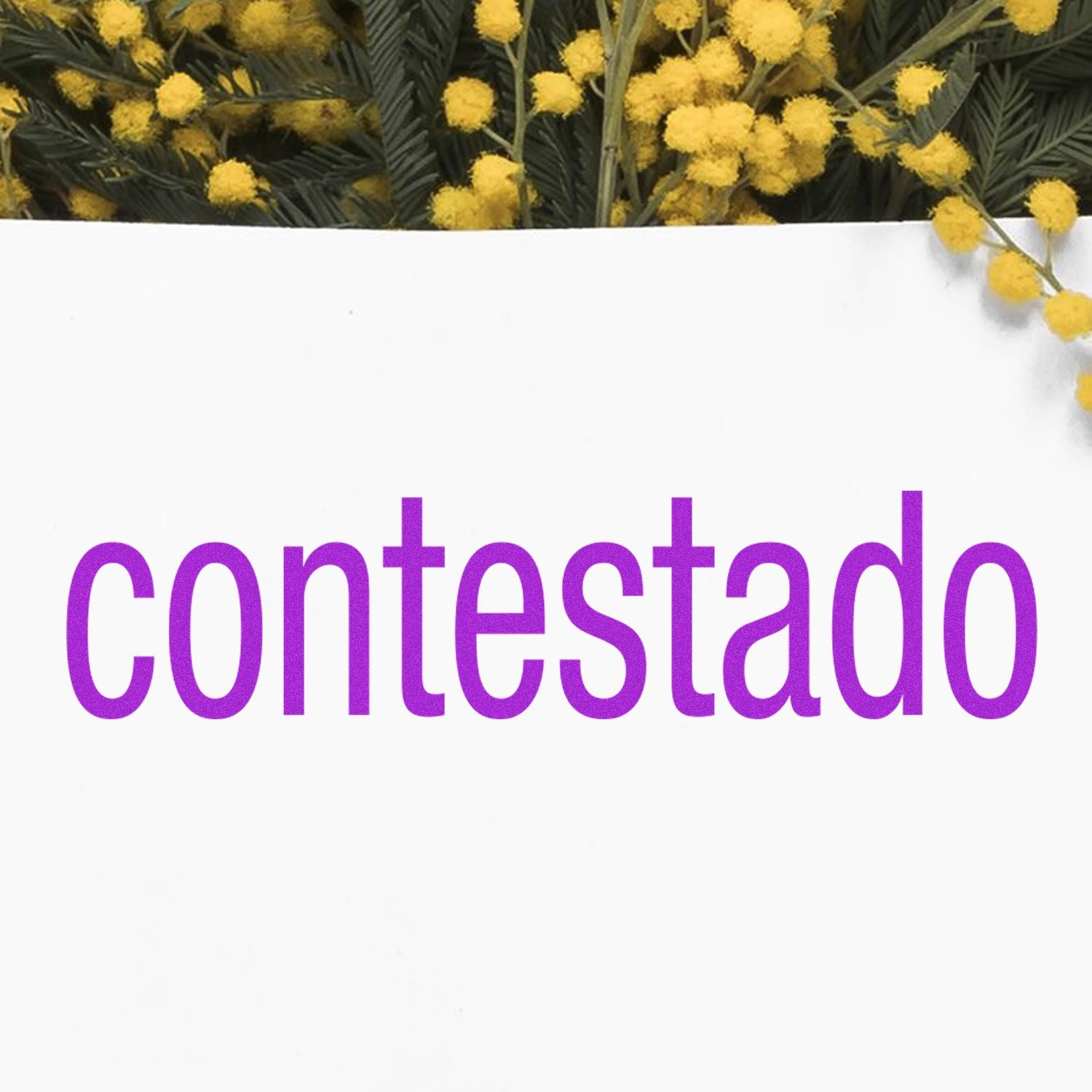 Large Contestado Rubber Stamp in use, displaying the word 'contestado' in purple ink on white paper, with yellow flowers in the background.