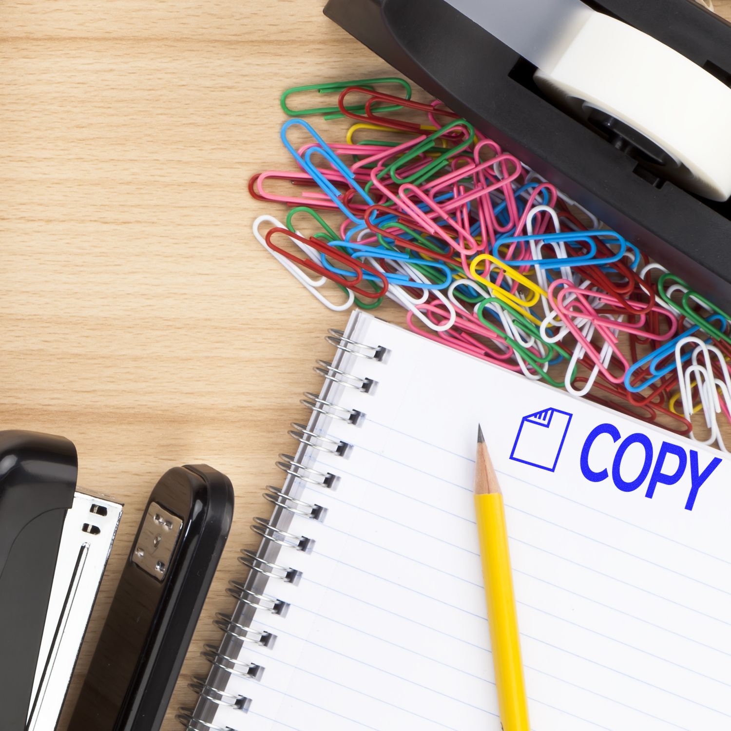 Large Self Inking Copy with Letter Stamp on a notebook with a pencil, surrounded by colorful paper clips and a tape dispenser on a wooden desk.