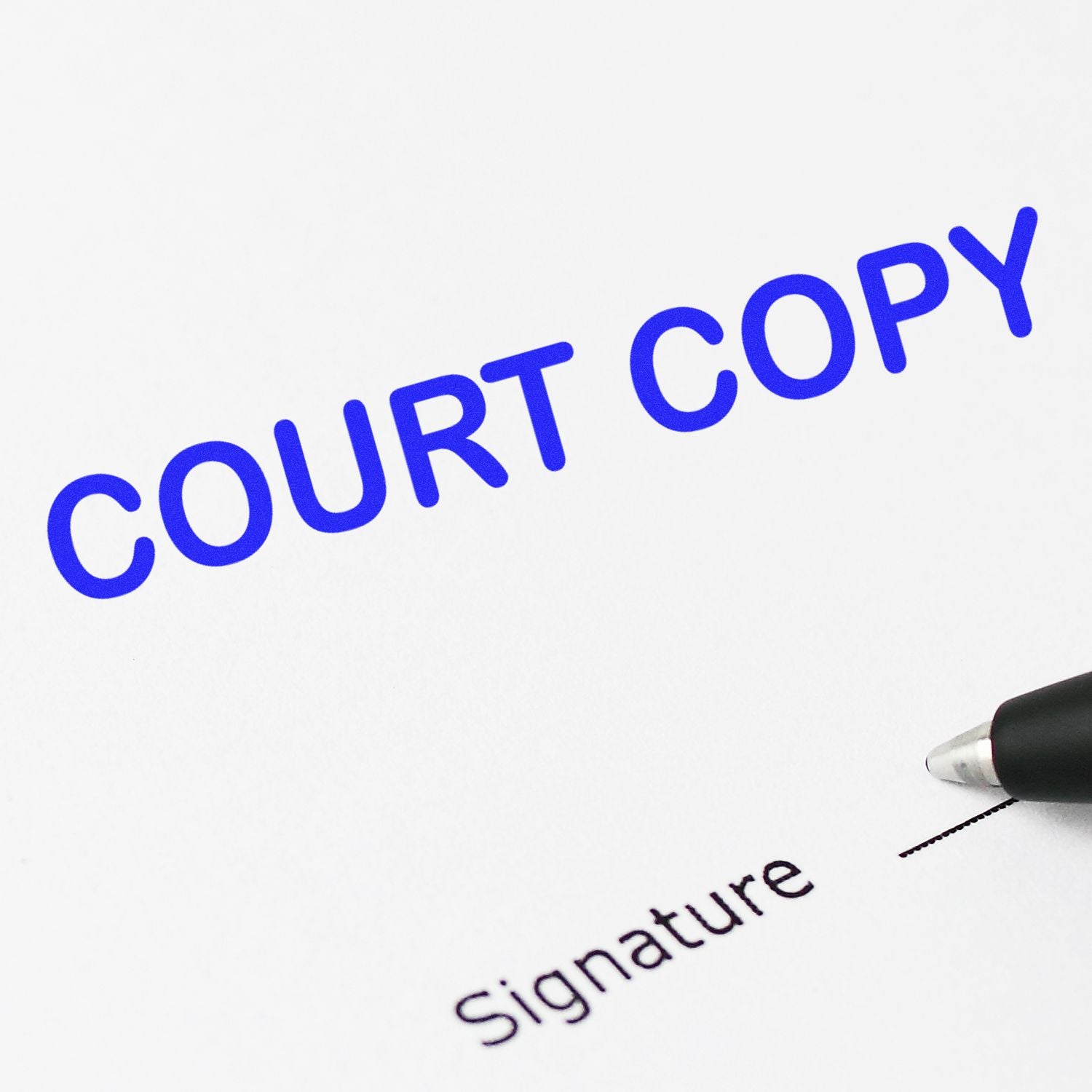 Court Copy Rubber Stamp imprint in blue ink on a document near a pen and signature line.