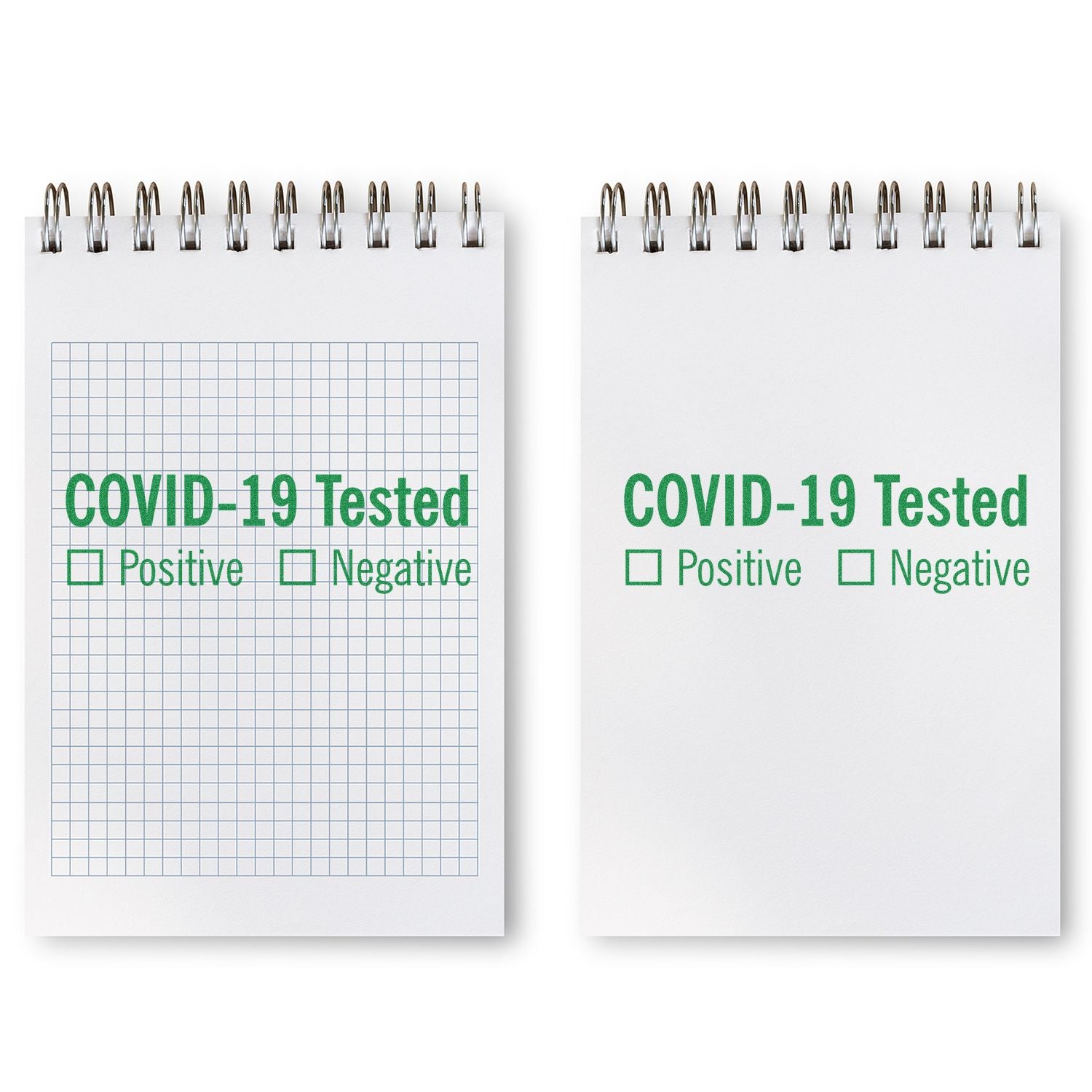 Two notepads stamped with COVID-19 Tested using a Slim Pre-Inked Covid-19 Tested Stamp, with checkboxes for Positive and Negative.