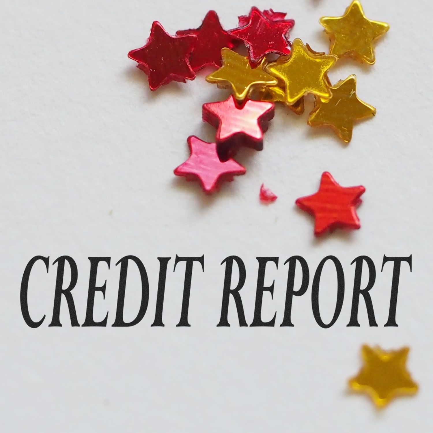 Large Pre-Inked Credit Report Stamp used on a document with colorful star-shaped confetti scattered around the text CREDIT REPORT .