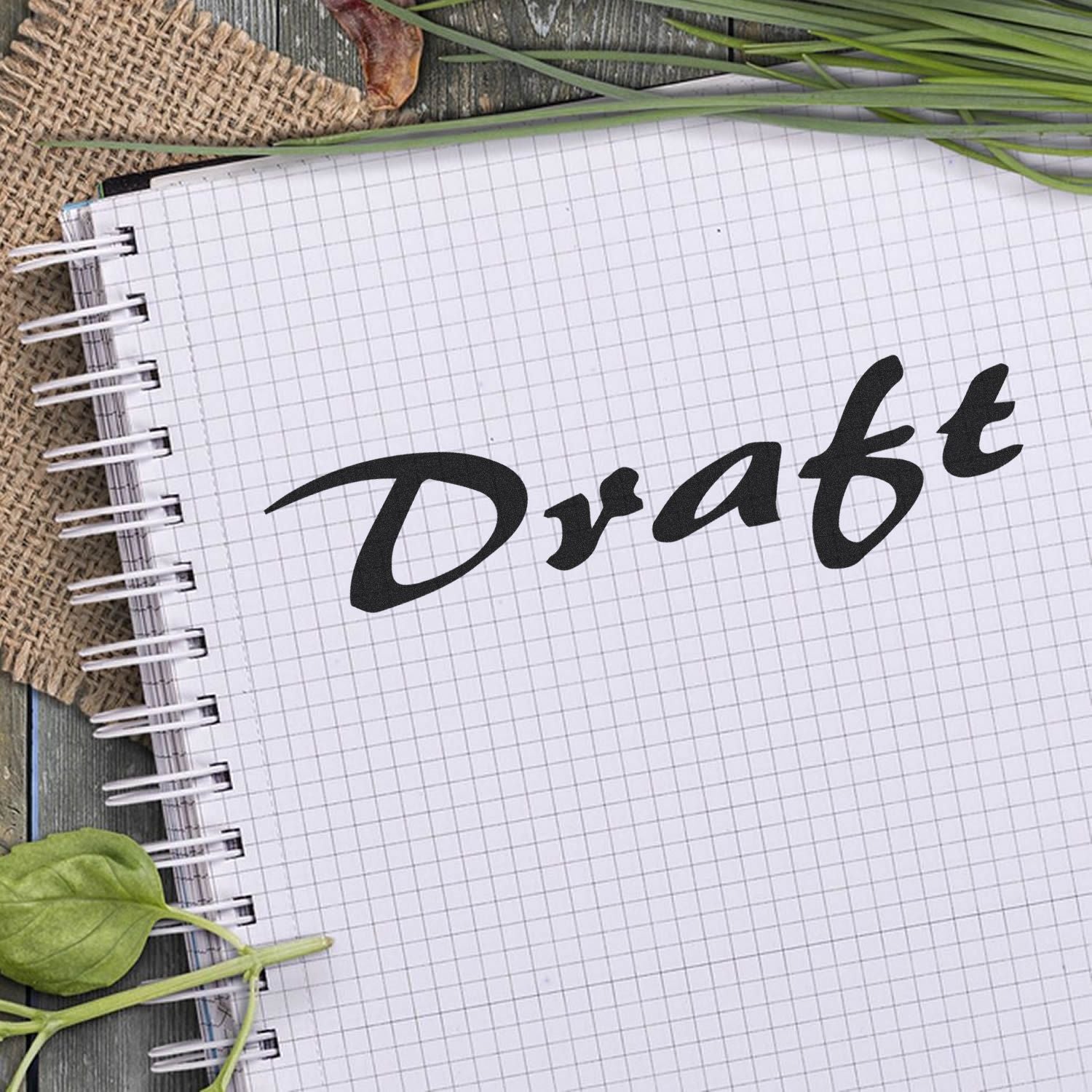 Large Self Inking Cursive Draft Stamp used on a spiral notebook with a grid pattern, surrounded by leaves and a burlap fabric.