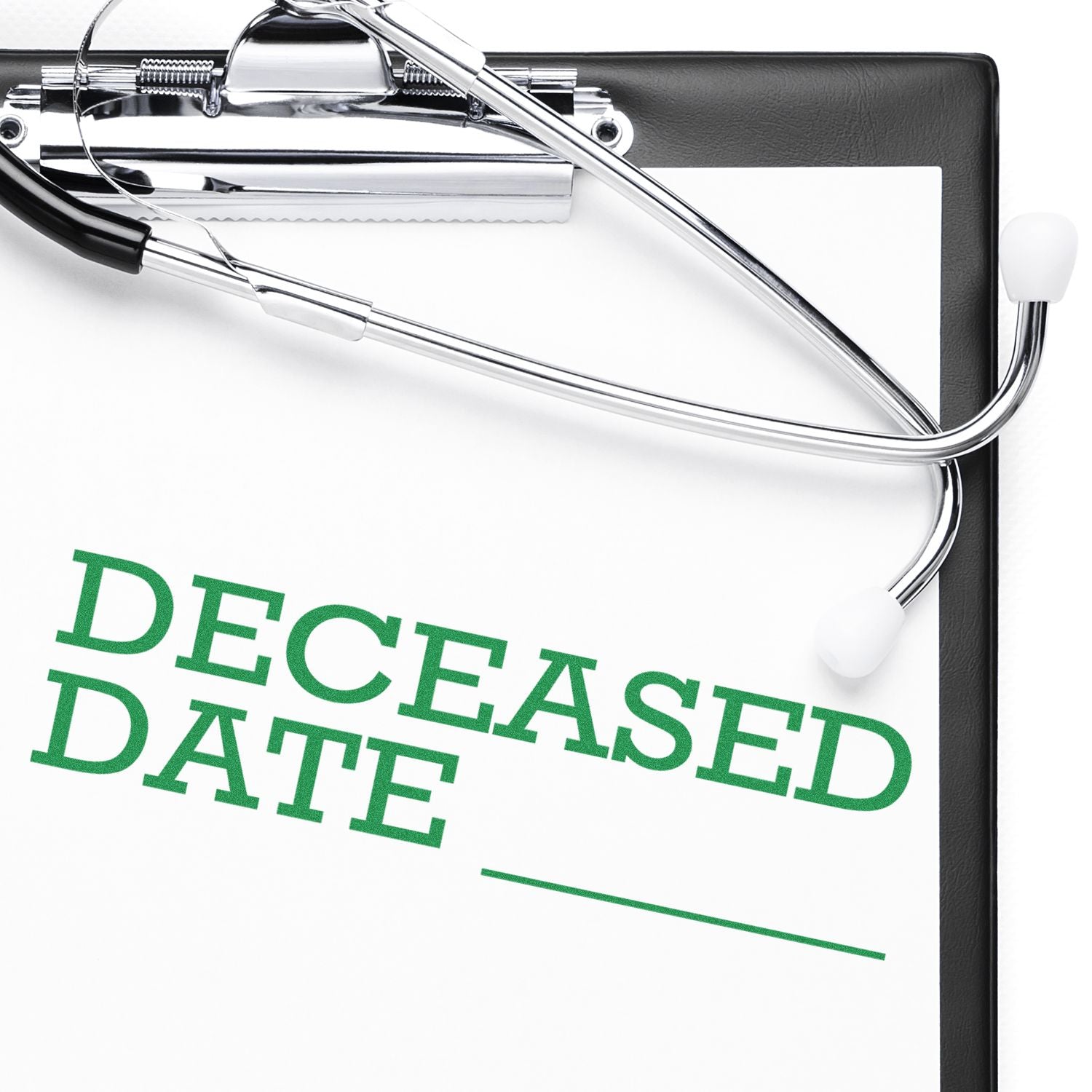 Self Inking Deceased Date Stamp in use on a clipboard with a stethoscope, showing the text DECEASED DATE in green ink.