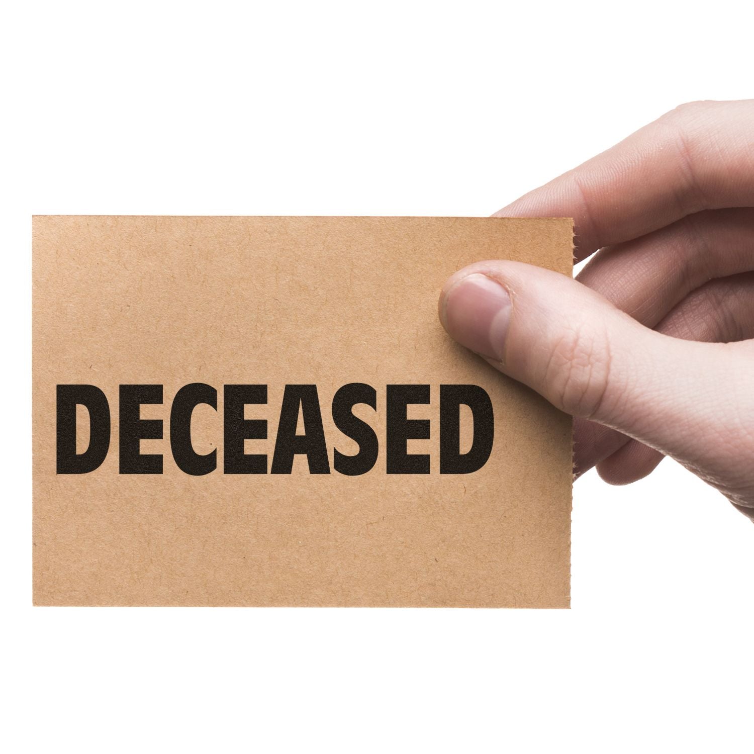 A hand holding a card stamped with DECEASED in bold black letters using the Large Self Inking Deceased Stamp.