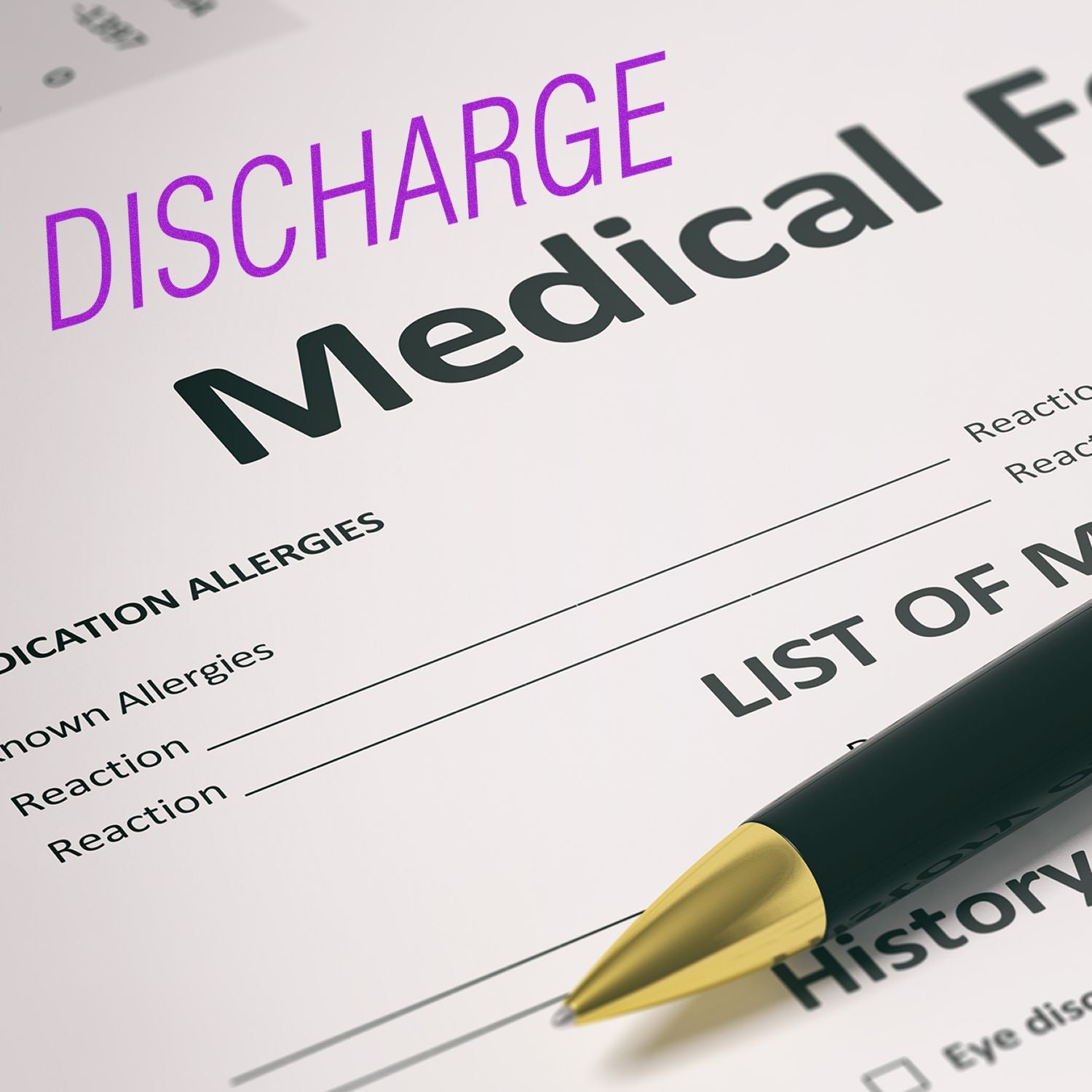 A Large Discharge Rubber Stamp marks DISCHARGE in purple on a medical form, with a black and gold pen placed on the form.