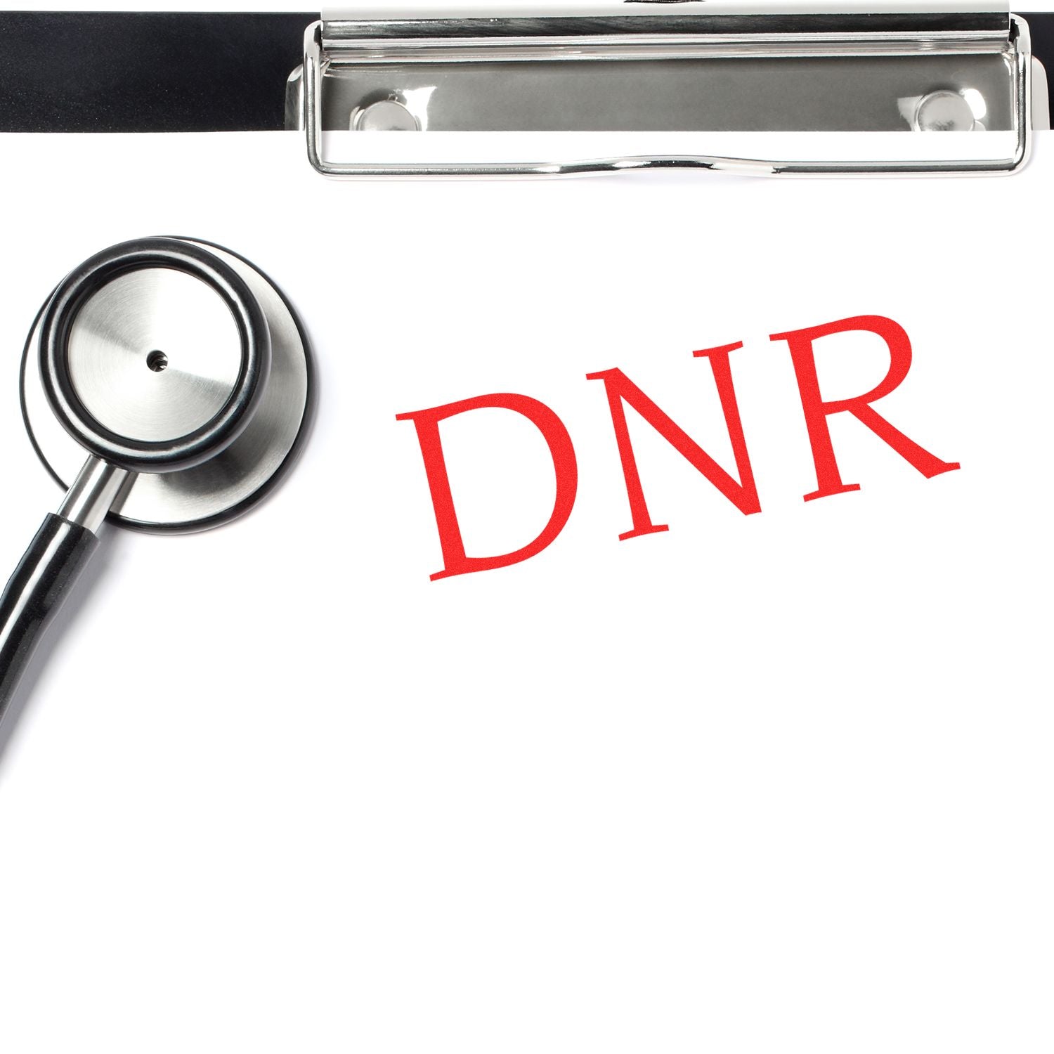 A stethoscope and a clipboard with a paper stamped DNR in red using the Large Pre-Inked DNR Stamp.