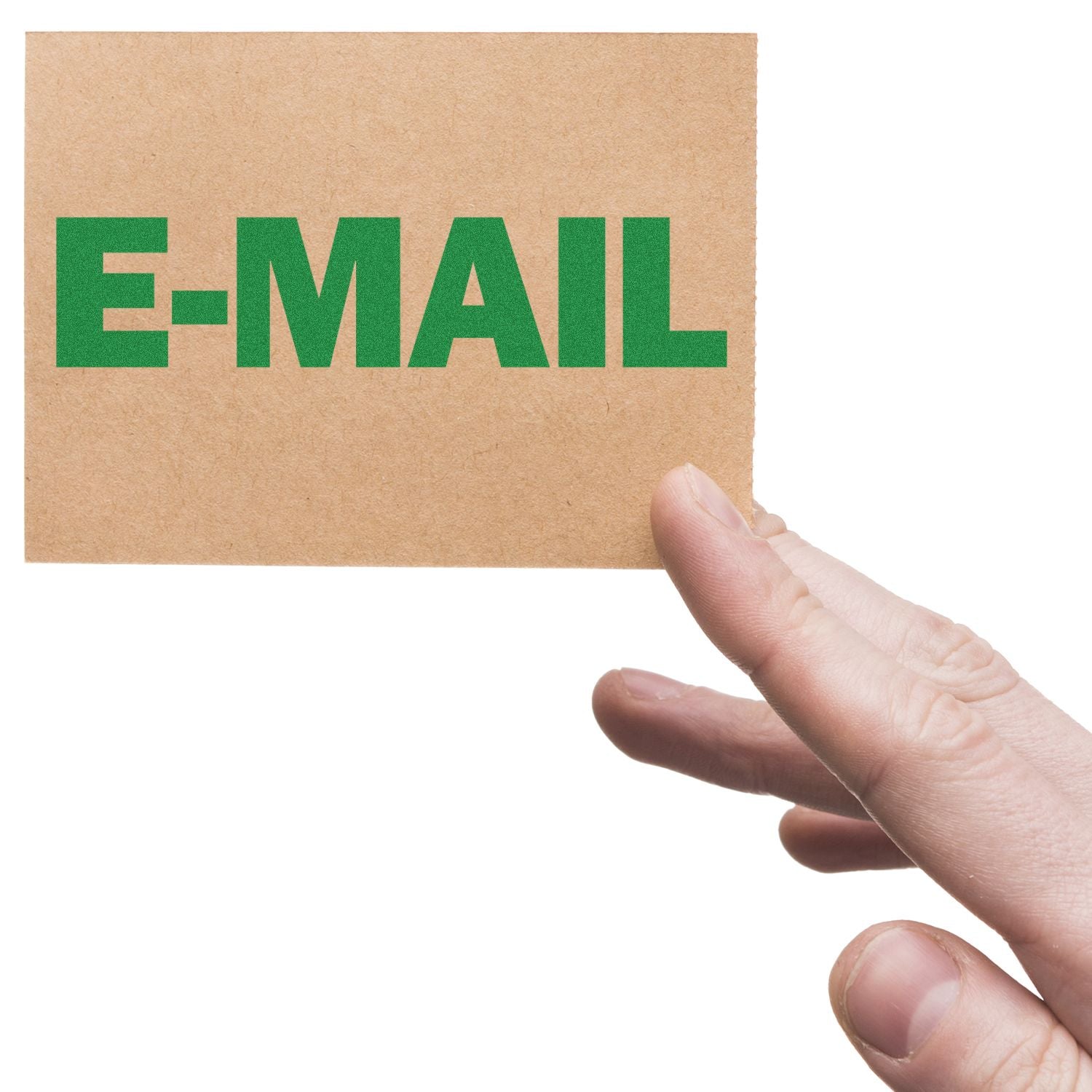 Hand holding a card stamped with E-MAIL using the Large E-Mail Rubber Stamp, showcasing the bold green text on a brown background.