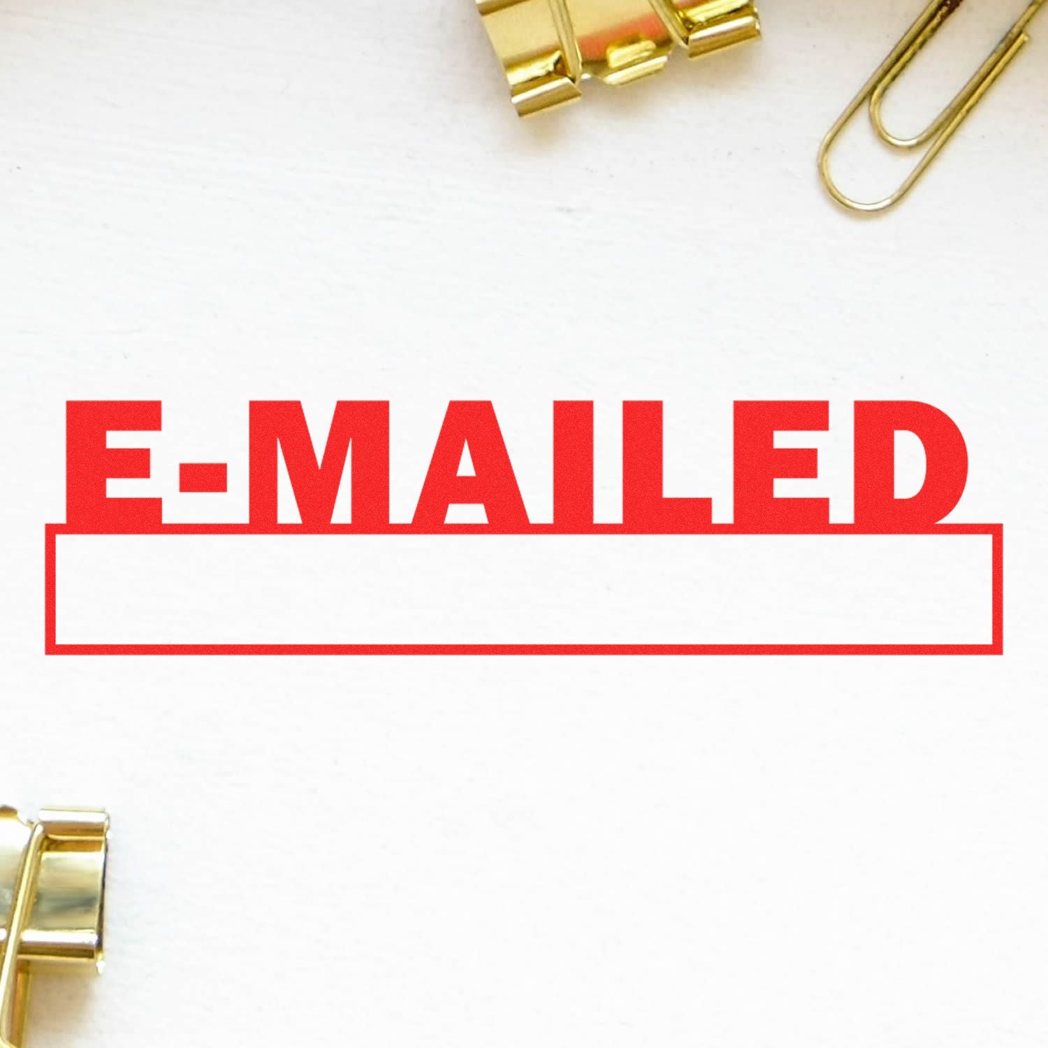 E-mailed with Date Box Rubber Stamp in red ink on white paper, surrounded by gold binder clips and paperclips.