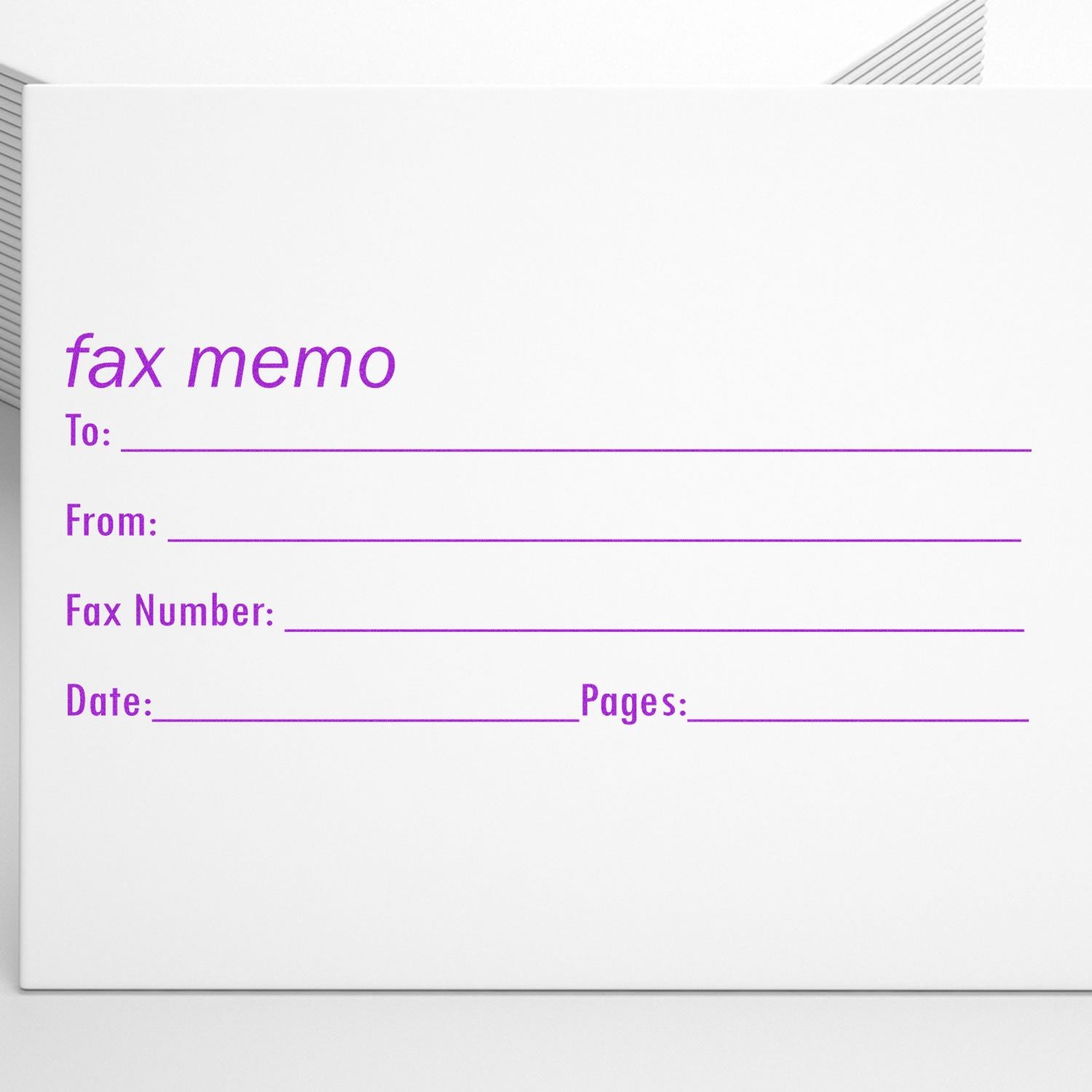 A white paper with purple text fields for To, From, Fax Number, Date, and Pages, stamped using the Fax It 2 Rubber Stamp.