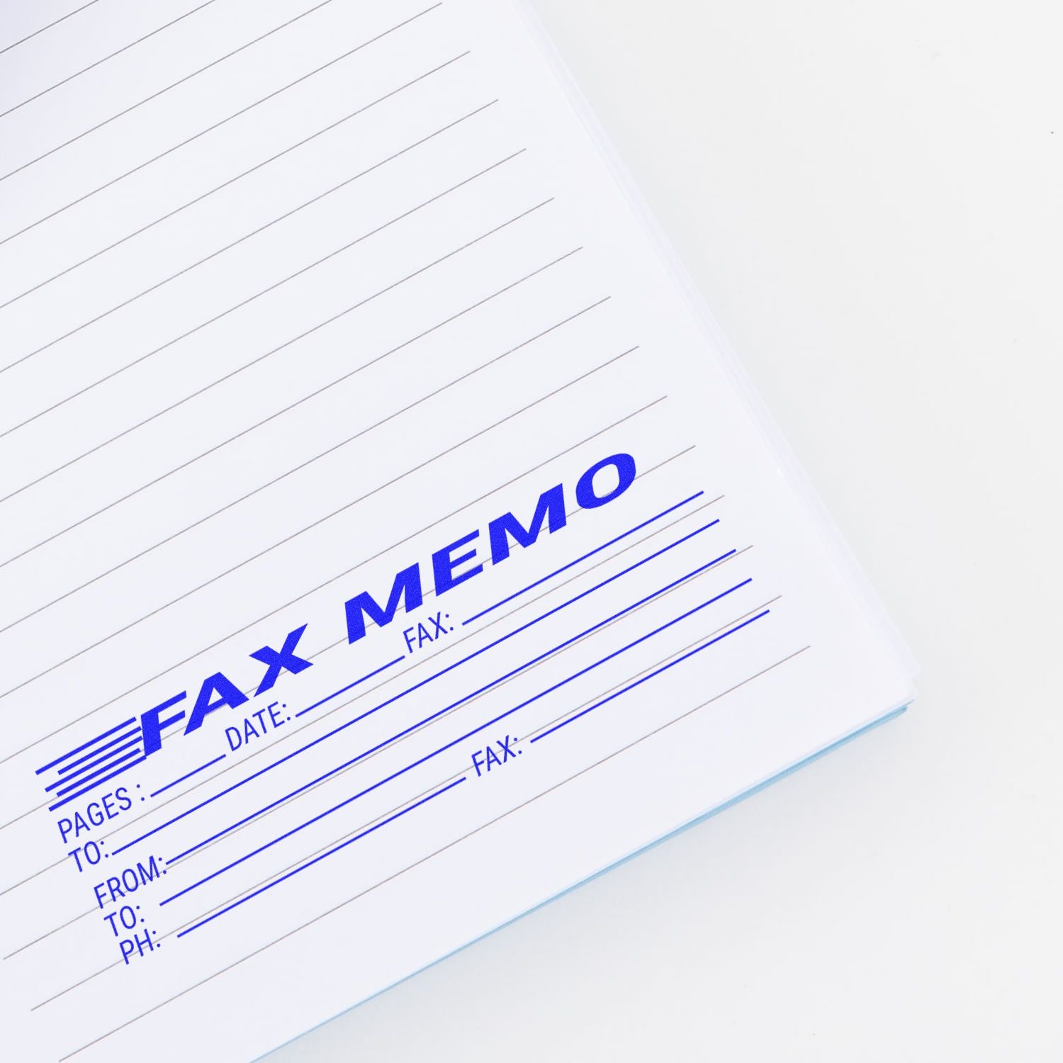 Fax Memo Rubber Stamp imprint on a lined paper, showing fields for pages, date, fax, from, to, and phone number in blue ink.