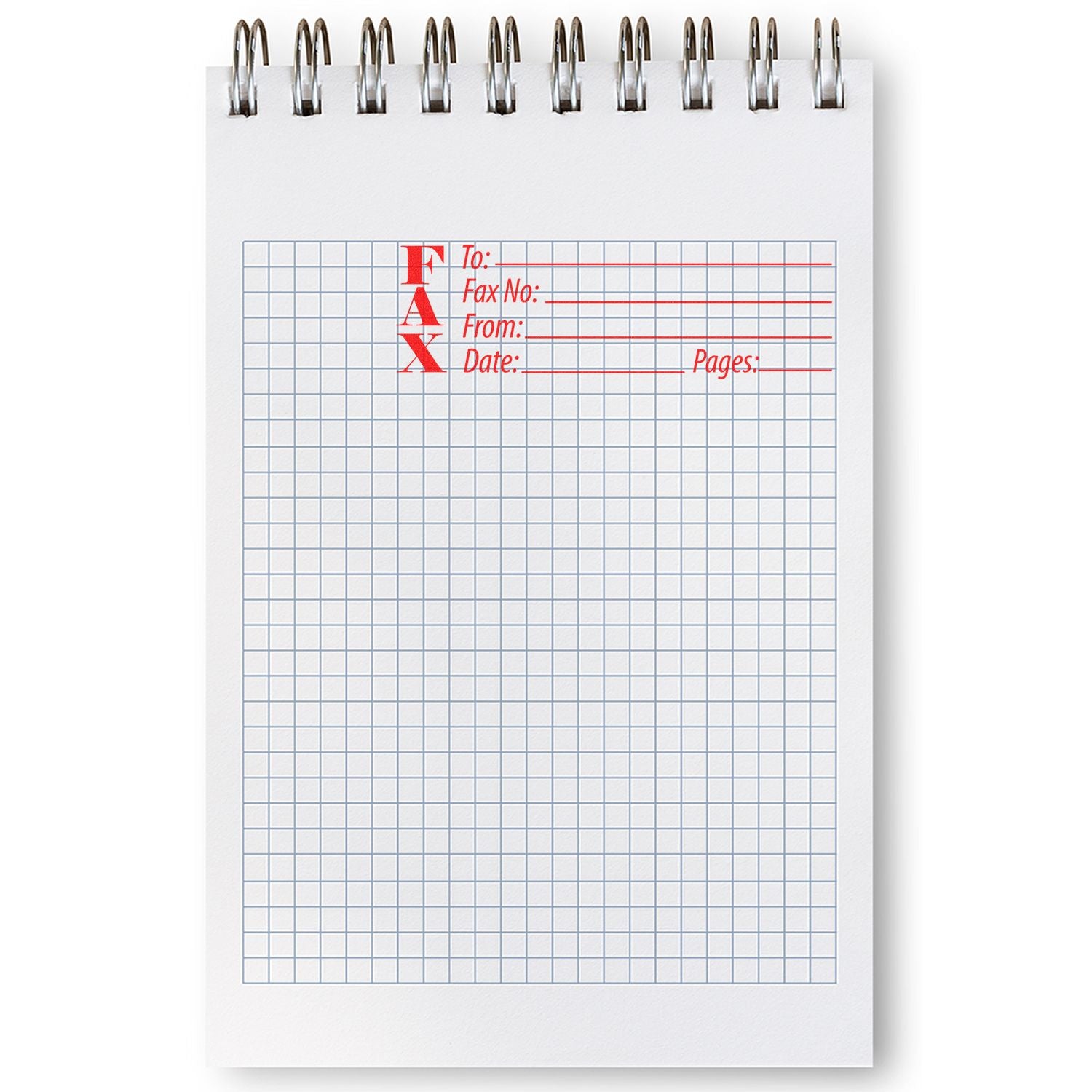 A Large Pre-Inked Fax Stamp in red ink is used on a spiral-bound notebook with grid paper, showing fields for To, Fax No., From, Date, and Pages.