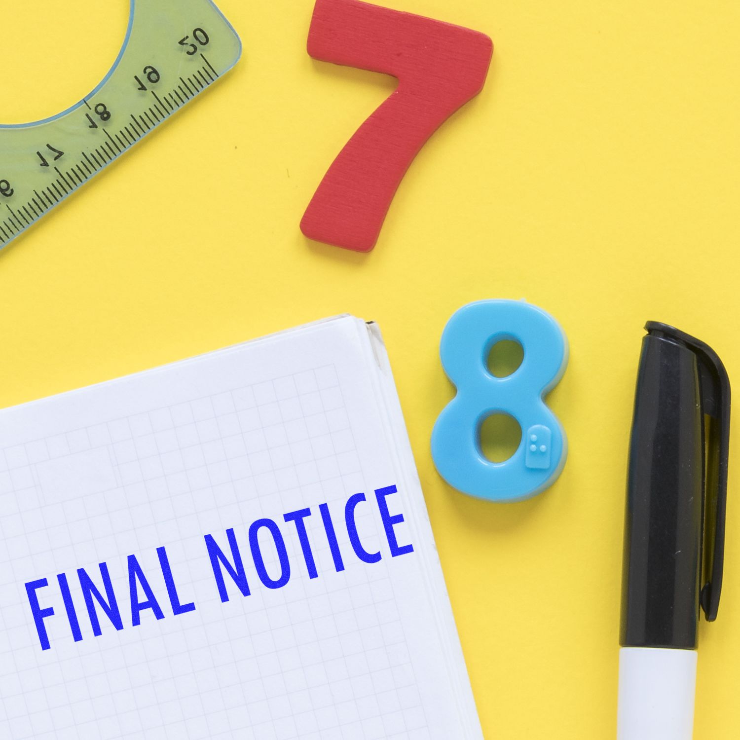 Final Notice Rubber Stamp on a notebook with a pen, ruler, and colorful numbers on a yellow background.