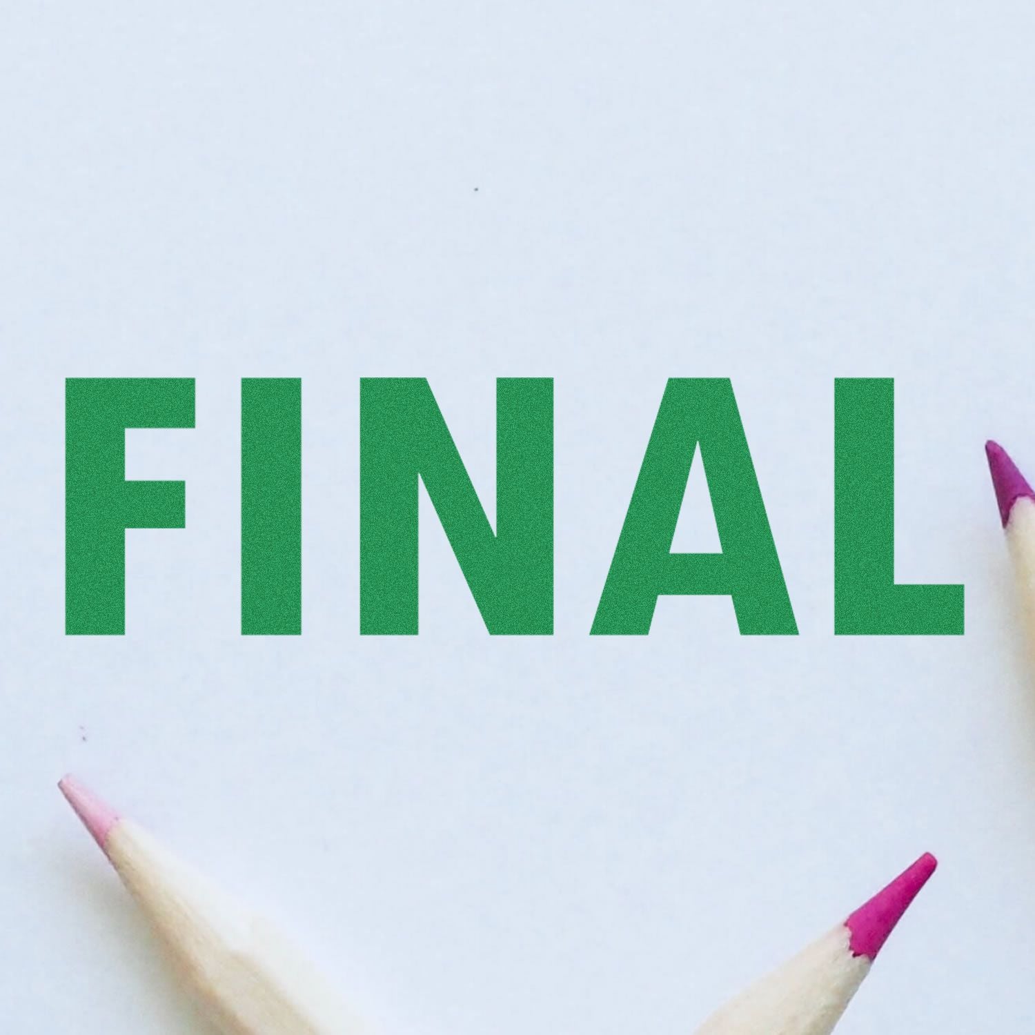 The Self Inking Final Stamp imprints the word FINAL in bold green letters on a white surface, surrounded by sharpened pencil tips.