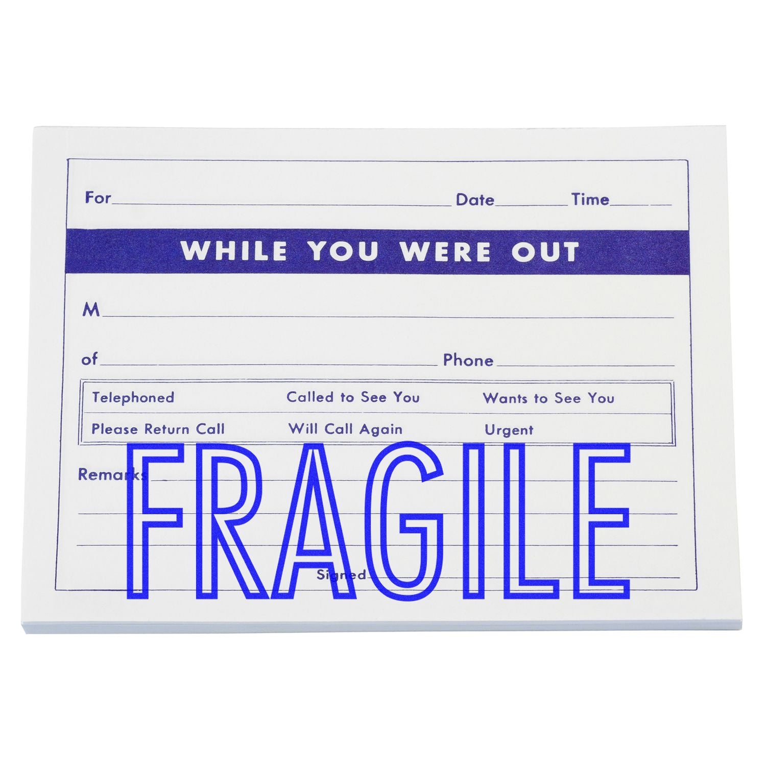 While You Were Out note stamped with a Slim Pre-Inked Fragile Stamp, highlighting the word FRAGILE in bold blue letters.