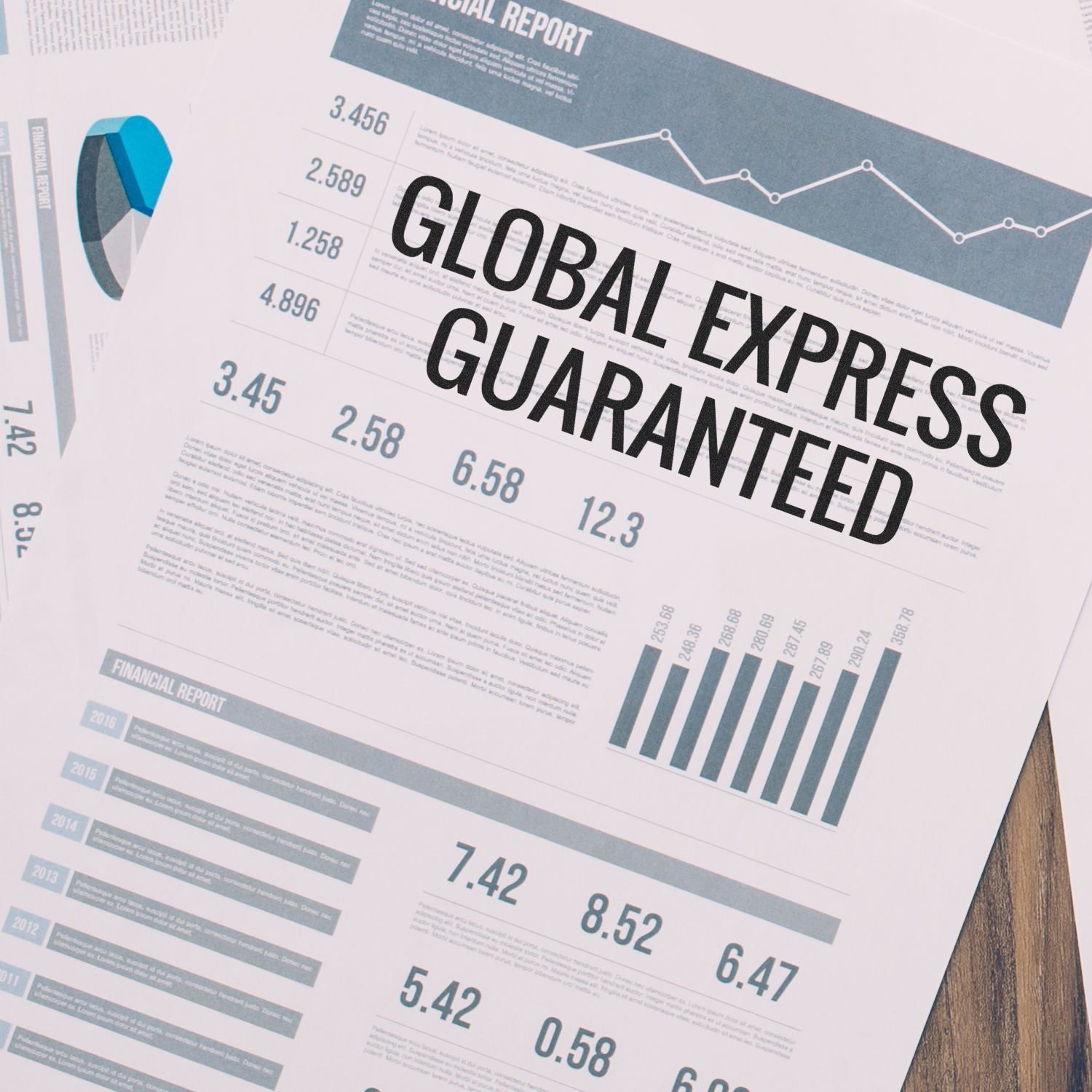 Self Inking Global Express Guaranteed Stamp used on financial reports with charts and graphs in the background.