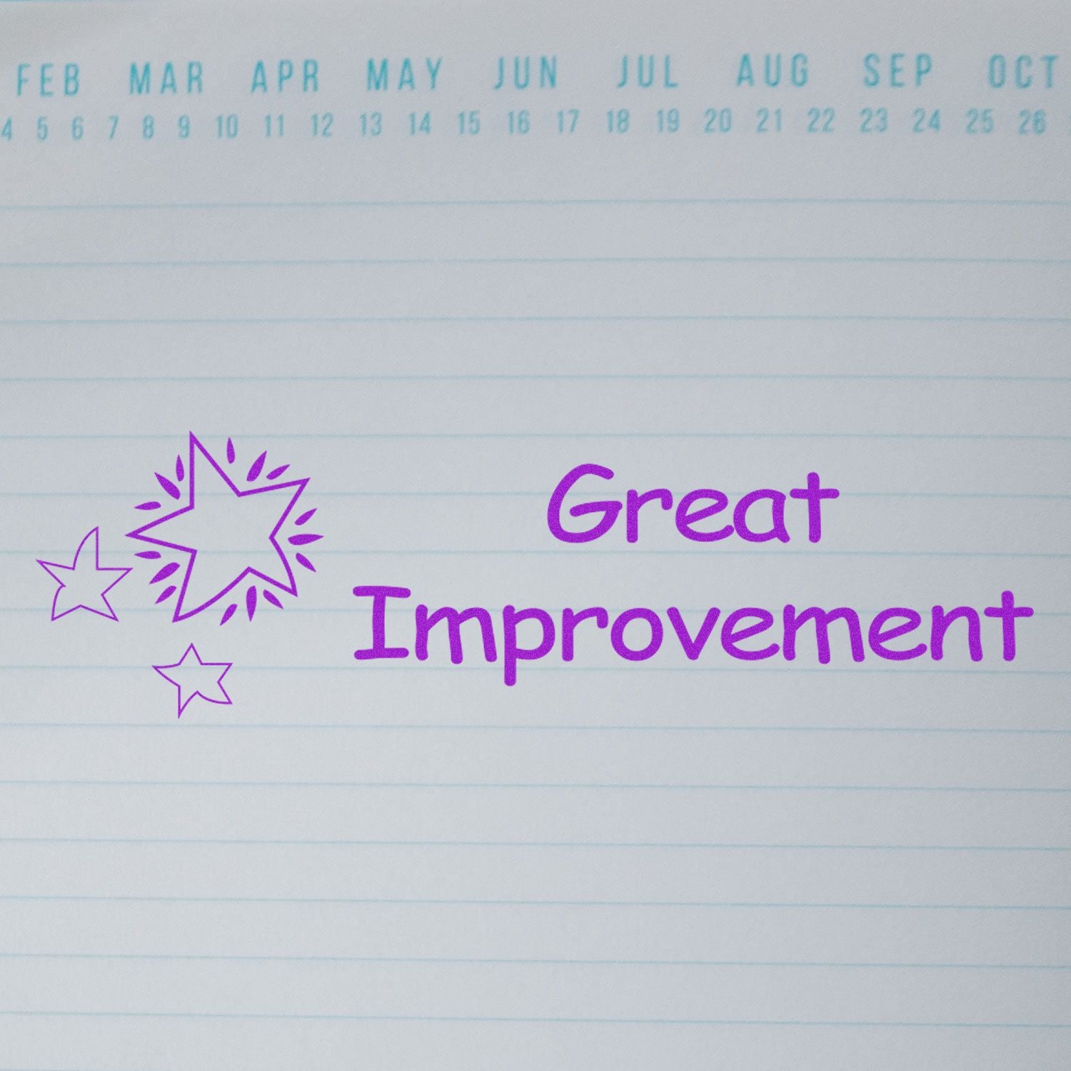 Large Great Improvement Rubber Stamp in purple ink on lined paper with a calendar header. The stamp features stars and the text Great Improvement.