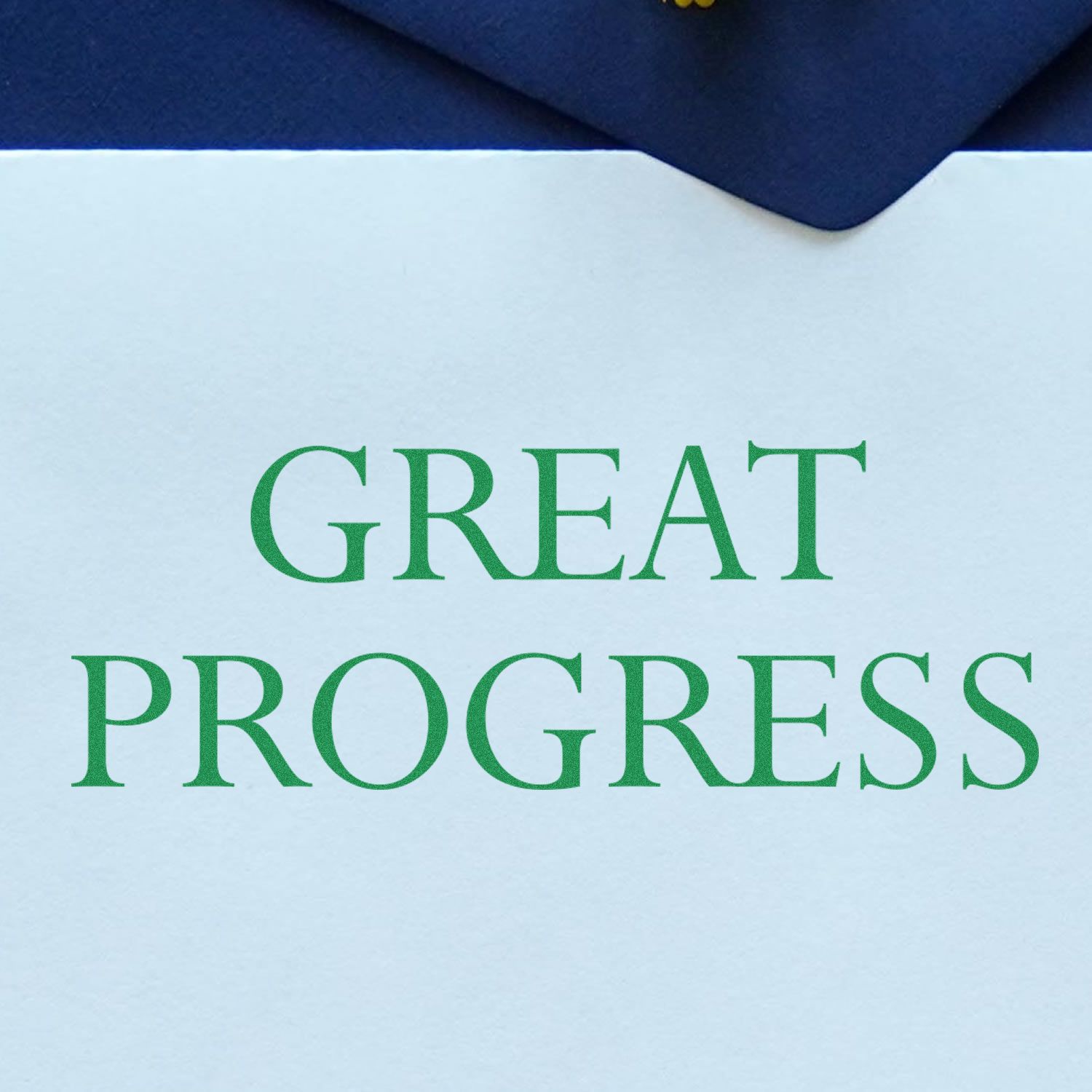 Large Great Progress Rubber Stamp imprint in green ink on white paper, with a blue background.