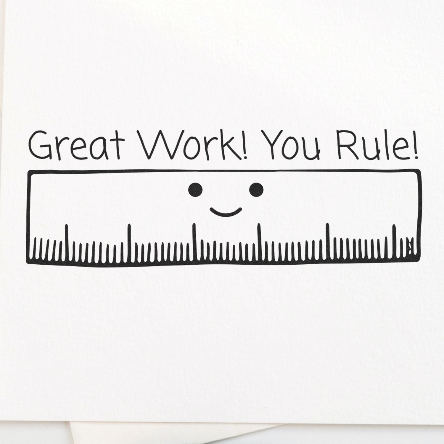 Great Work You Rule Rubber Stamp in use, featuring a smiling ruler with the text 'Great Work! You Rule!' stamped on white paper.