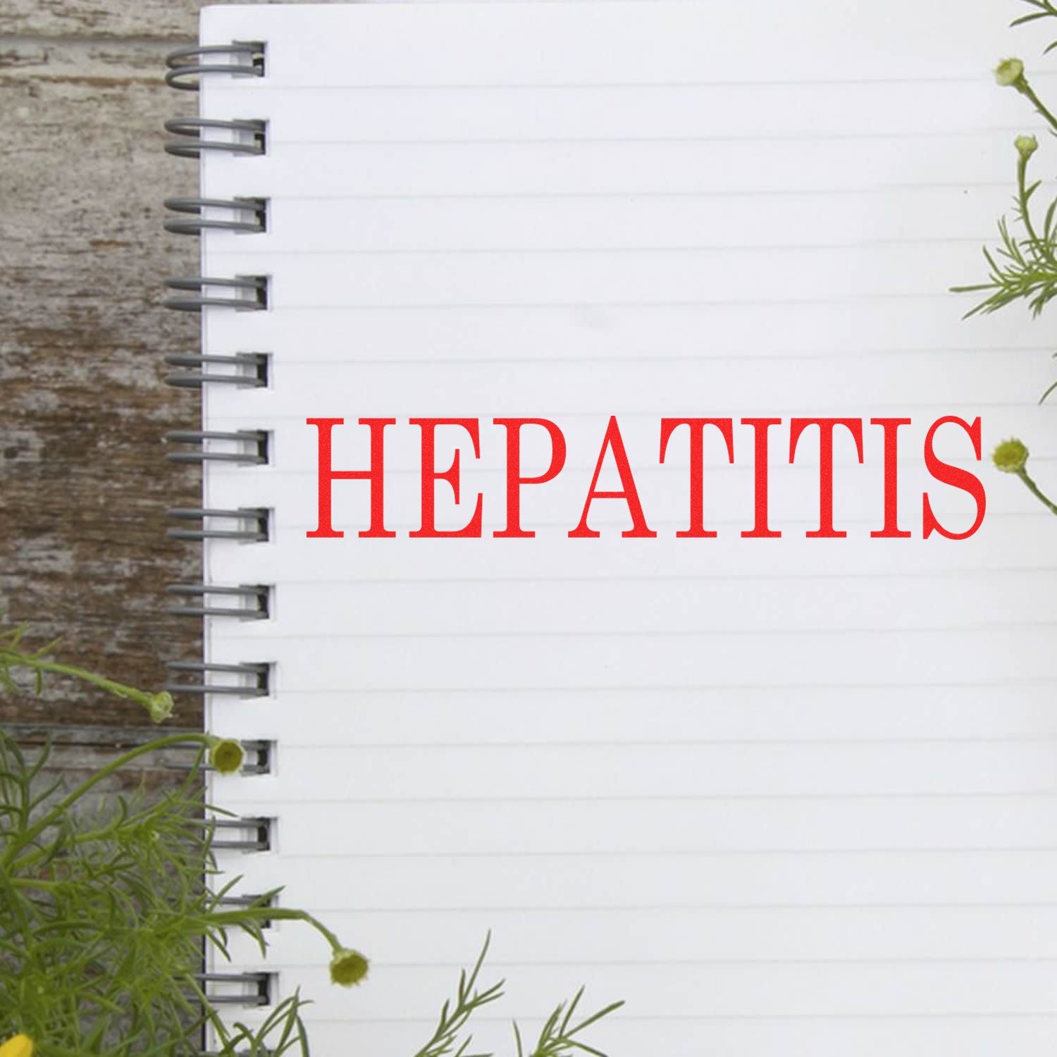 Self Inking Hepatitis Stamp marking the word 'HEPATITIS' in red ink on a white spiral notebook, surrounded by green foliage.