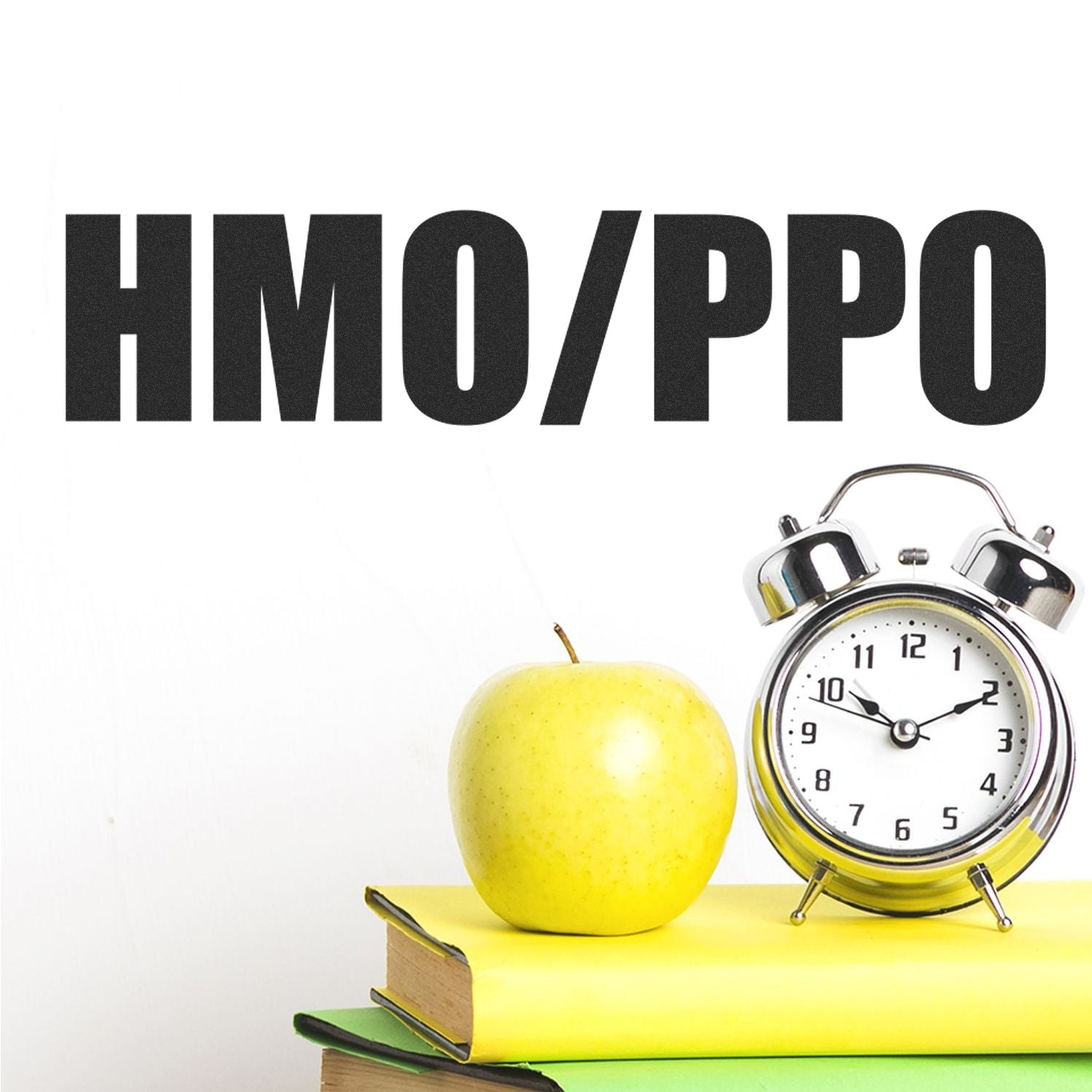 Slim Pre-Inked HMO/PPO Stamp in use, with a stack of books, a green apple, and a clock in the background.