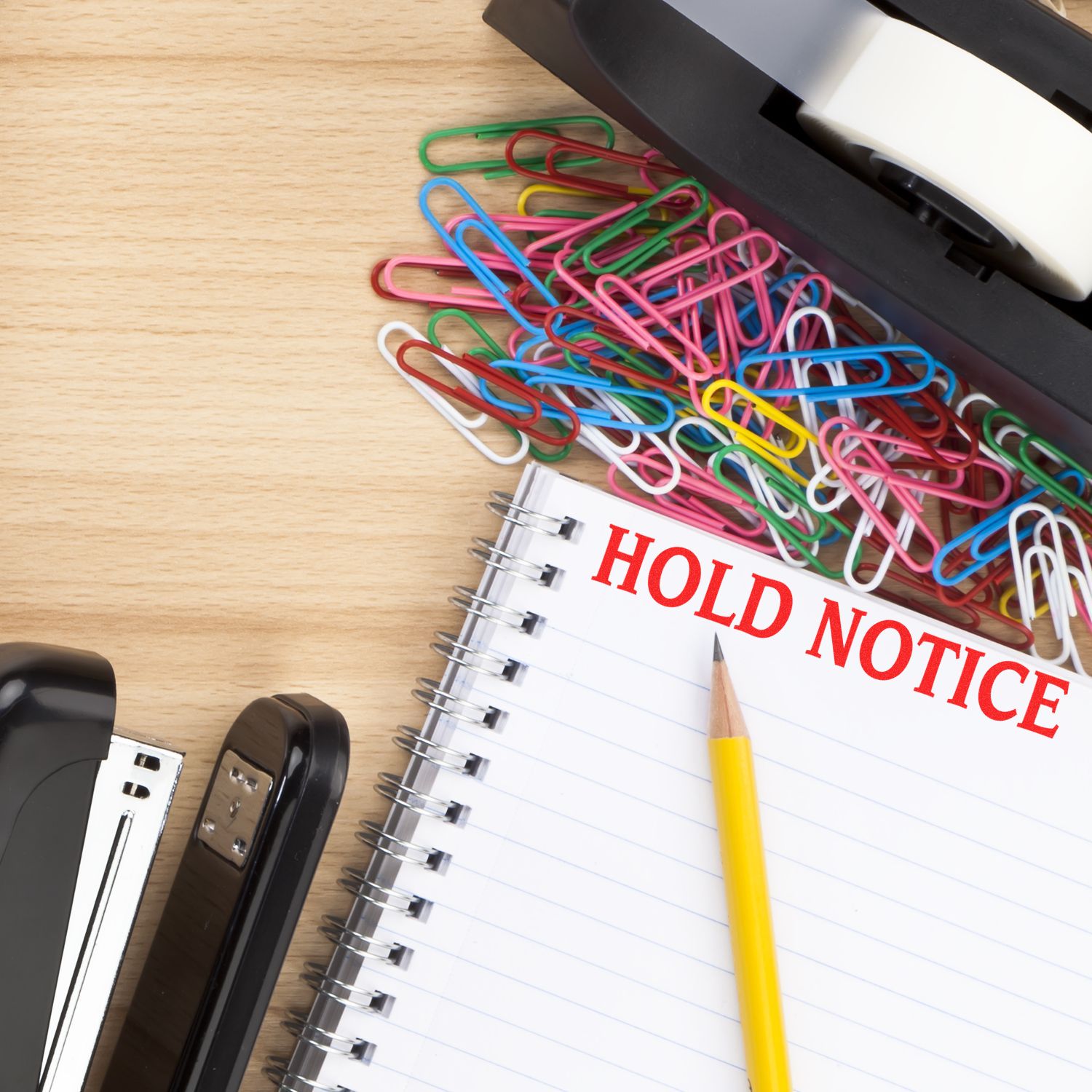 Self Inking Hold Notice Stamp marking HOLD NOTICE on a spiral notebook, surrounded by colorful paperclips and office supplies.