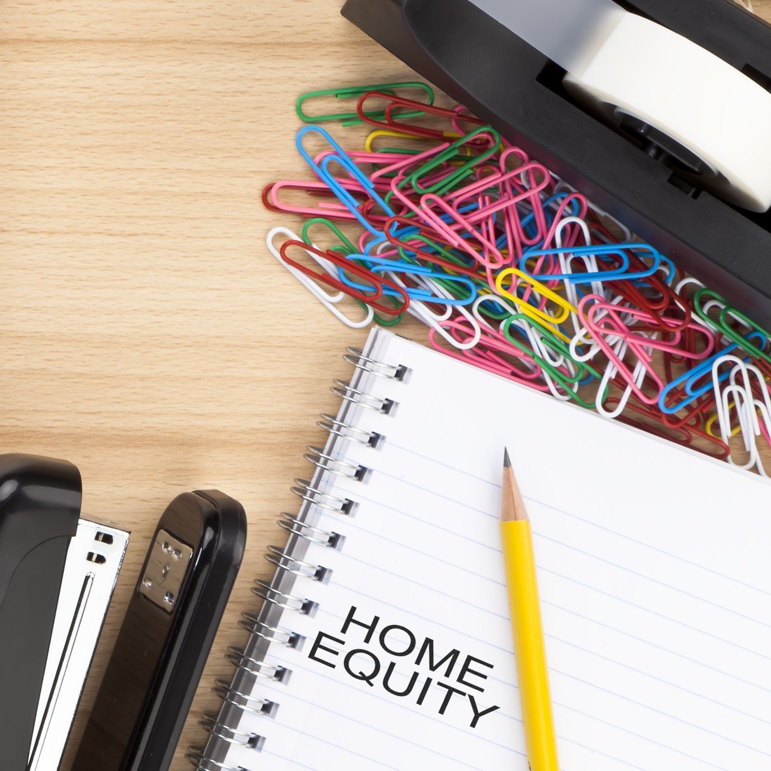 Self Inking Home Equity Stamp on a notebook with a pencil, surrounded by colorful paperclips and office supplies on a wooden desk.