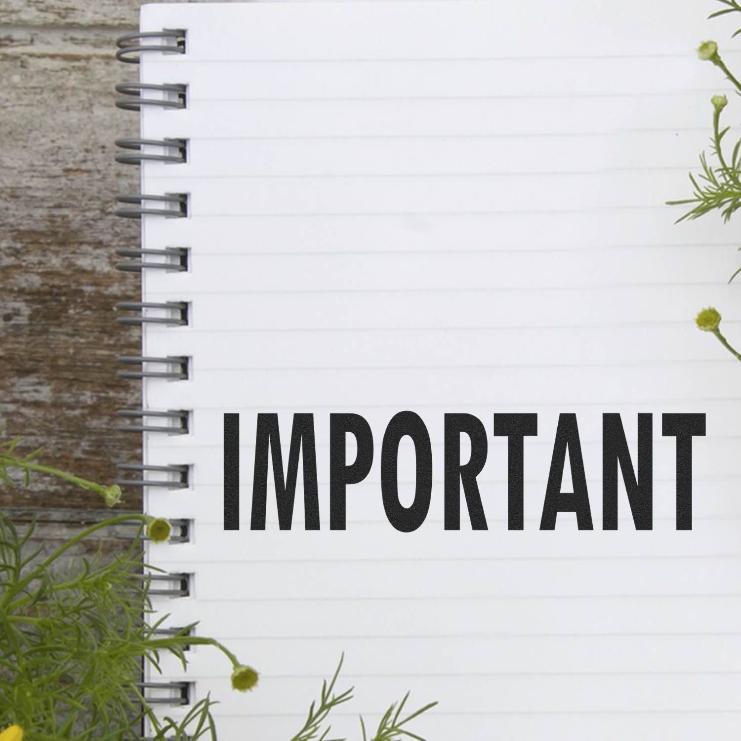 Slim Pre-Inked Important Stamp marking 'IMPORTANT' on a spiral notebook page, surrounded by green plants.