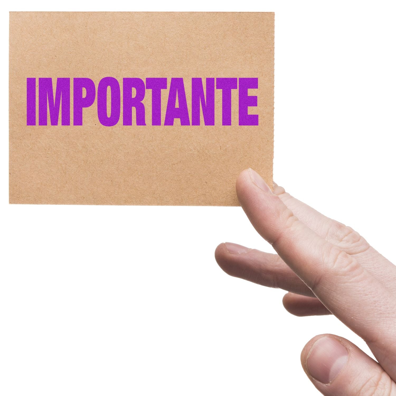 A hand holding a card stamped with the word IMPORTANTE in purple using the Importante Rubber Stamp.