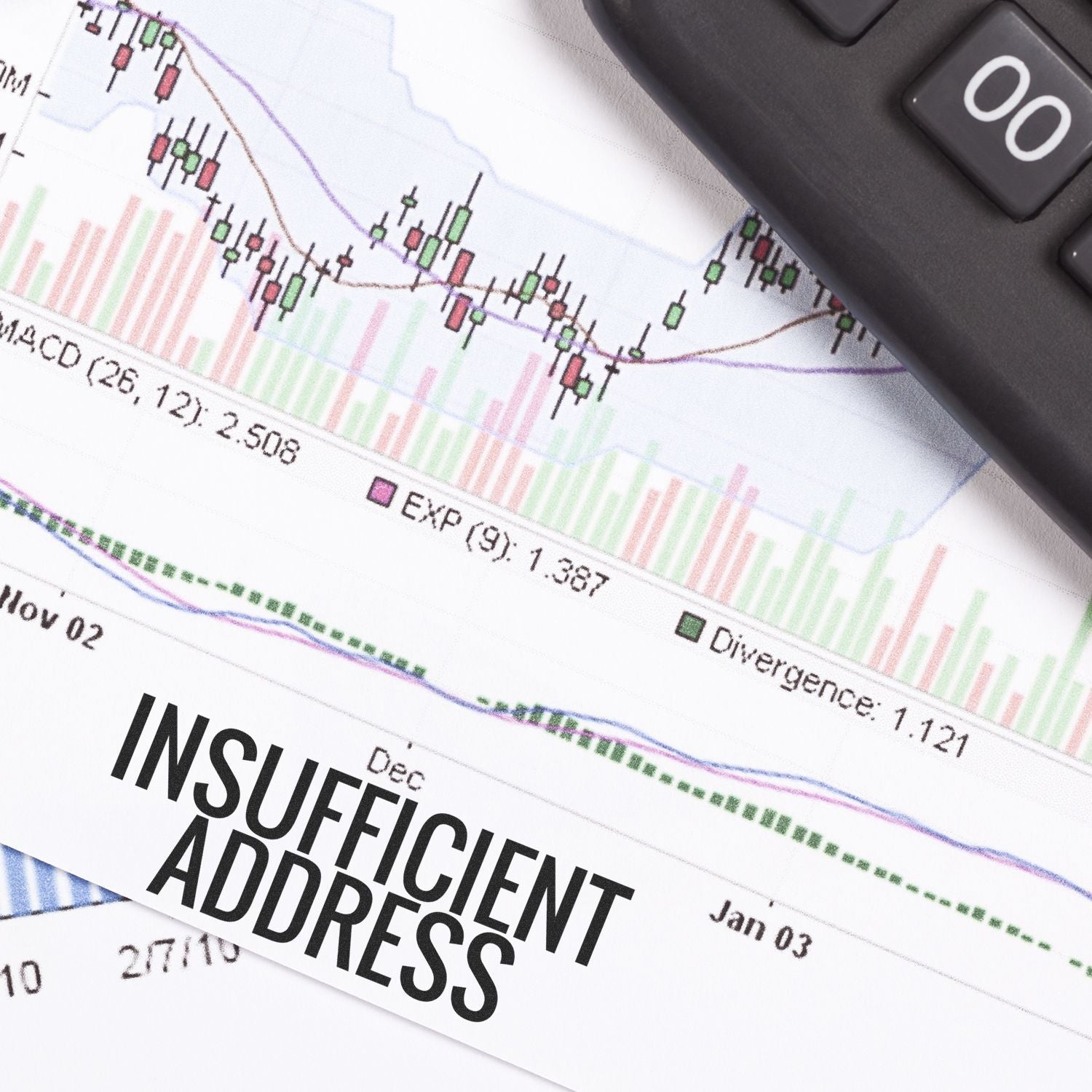 Insufficient Address Rubber Stamp used on a document with financial charts and a calculator in the background.