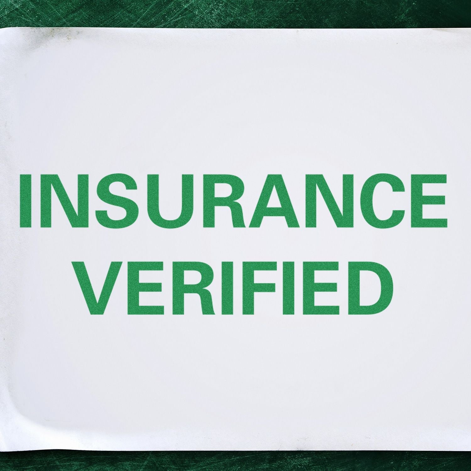 Self Inking Insurance Verified Stamp imprint in green ink on white paper, confirming insurance verification.