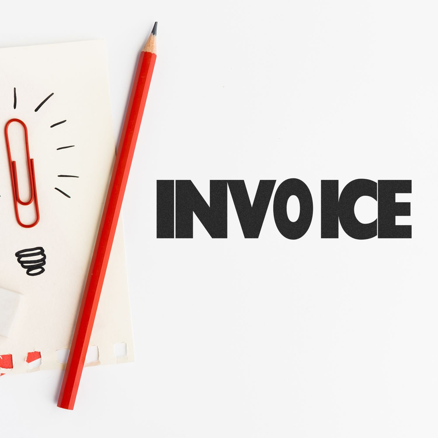 A red pencil, paperclip, and paper next to a bold INVOICE stamped with the Large Invoice Rubber Stamp on a white background.