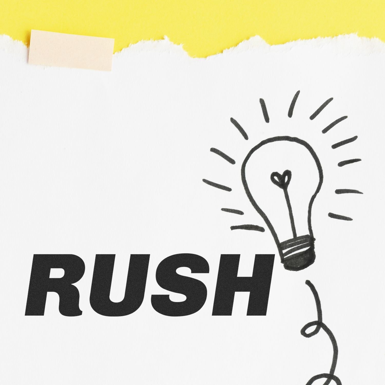 Large Self Inking Italic Rush Stamp used on white paper with a lightbulb drawing, against a yellow background.