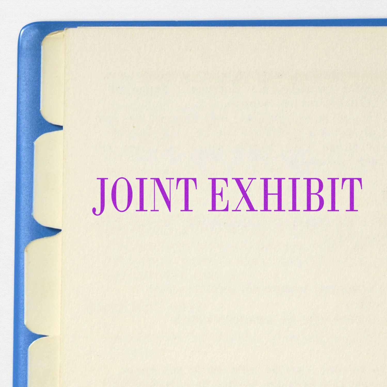 Document stamped with 'JOINT EXHIBIT' in purple ink using the Joint Exhibit Rubber Stamp, placed in a blue tabbed folder.